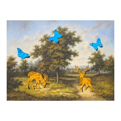 Pintura Contemporánea Trompe L'oeil Ciervo Amarillo y Mariposas Azules Recortable