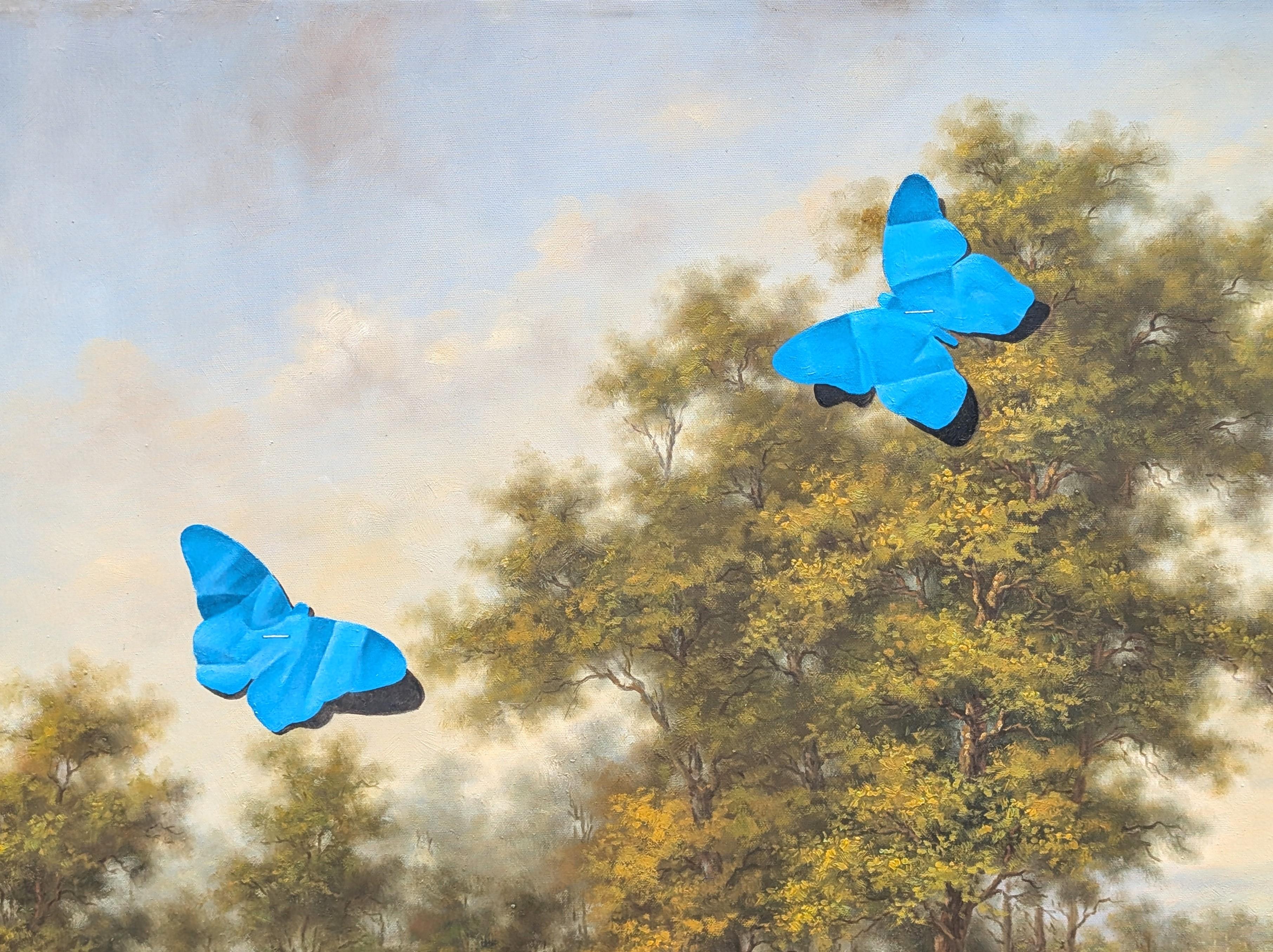 Zeitgenössisches Trompe L'Oeil-Gelbes Reh und blaue Schmetterlinge Scherenschnitt-Gemälde (Surrealismus), Painting, von Wood Fancher Anthony