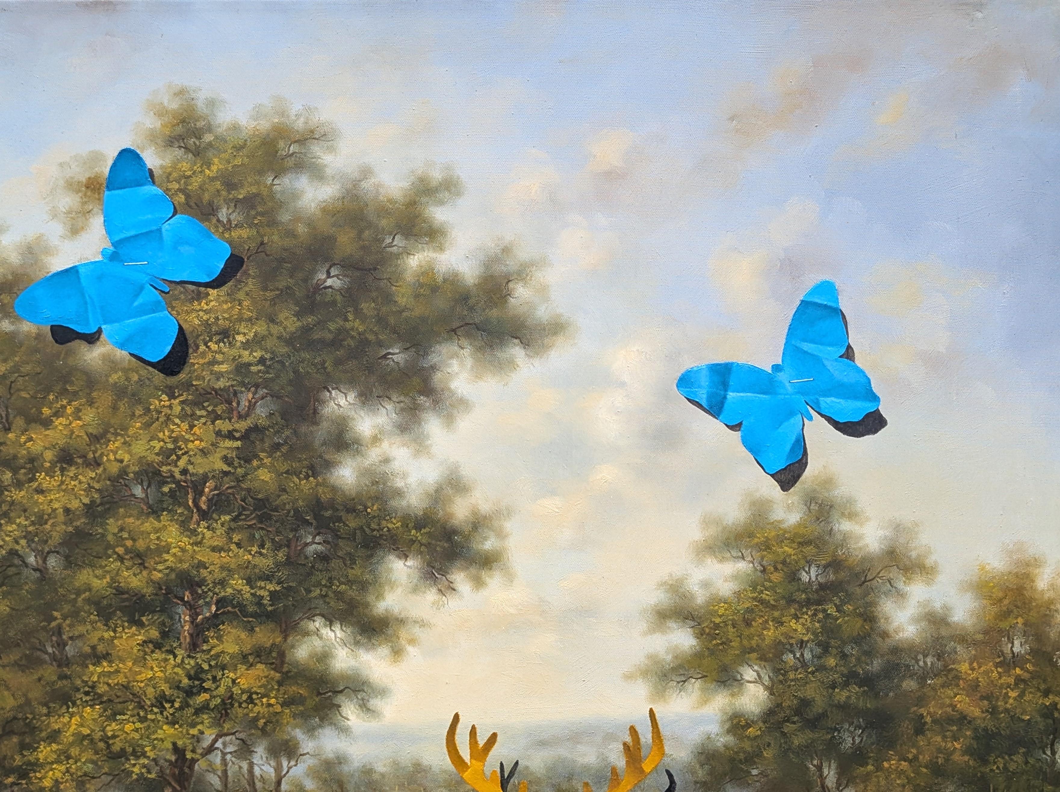 Zeitgenössisches Trompe L'Oeil-Gelbes Reh und blaue Schmetterlinge Scherenschnitt-Gemälde (Braun), Animal Painting, von Wood Fancher Anthony