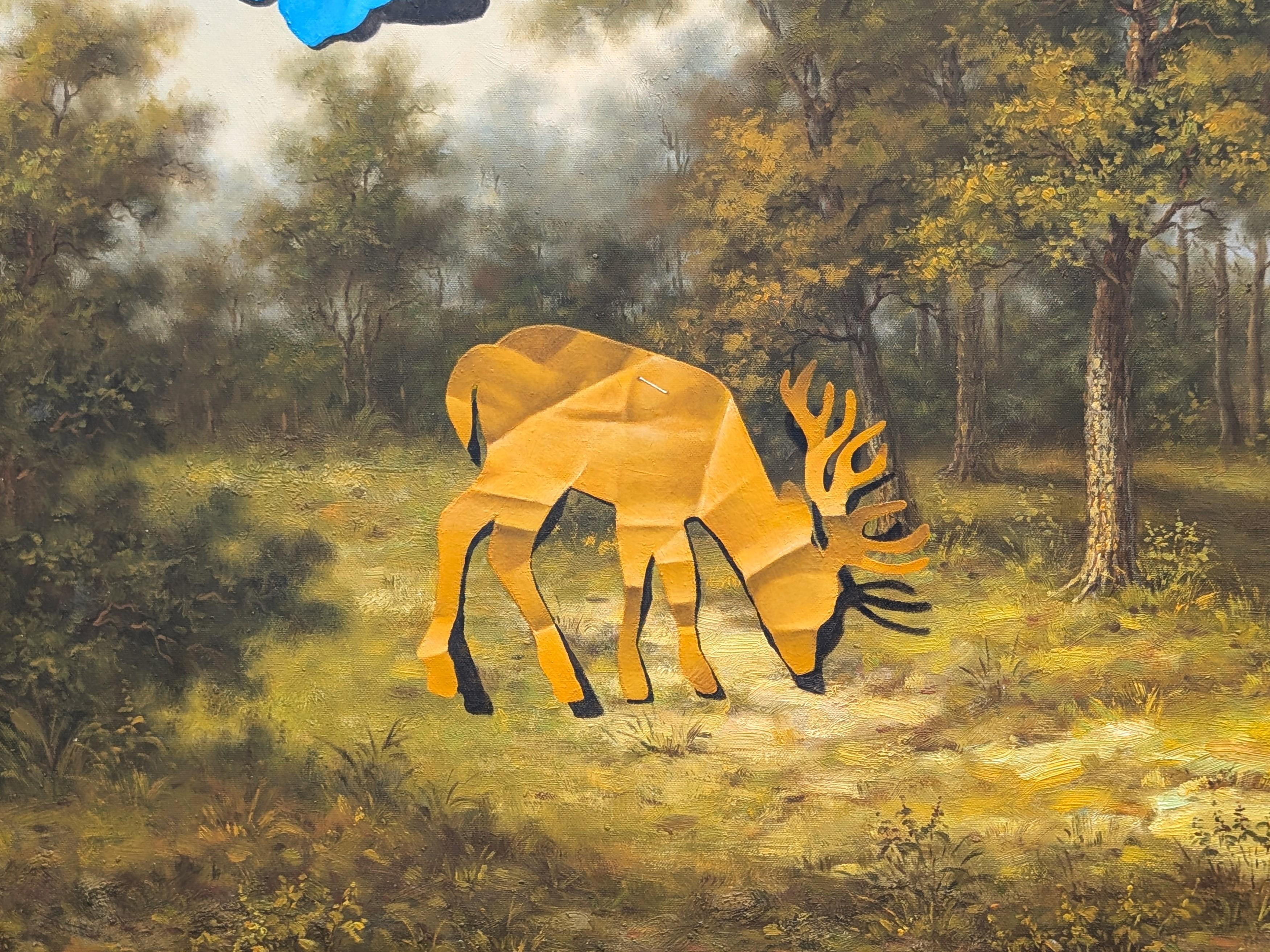 Zeitgenössisches Trompe L'Oeil-Gelbes Reh und blaue Schmetterlinge Scherenschnitt-Gemälde im Angebot 1