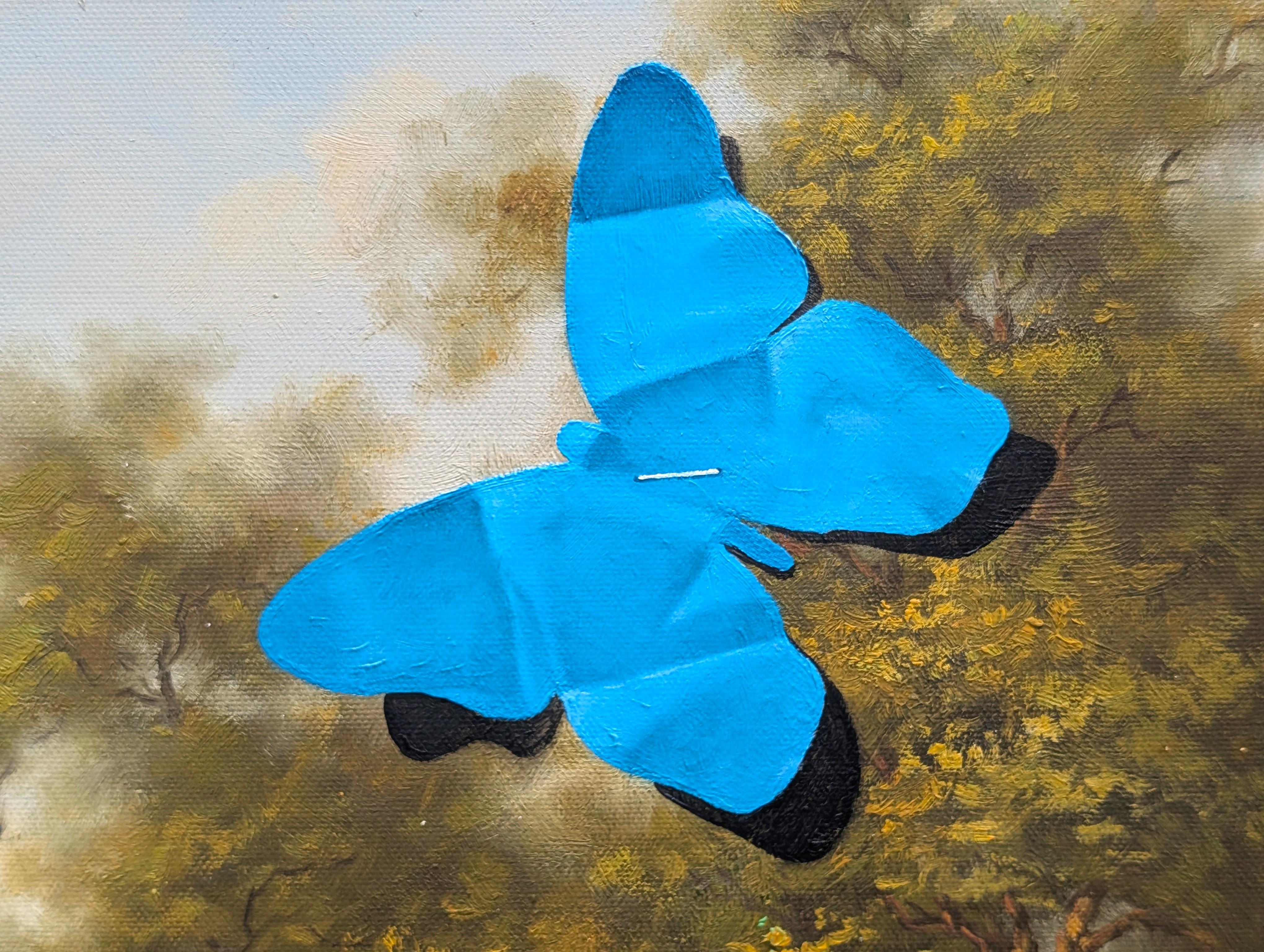 Zeitgenössisches Trompe L'Oeil-Gelbes Reh und blaue Schmetterlinge Scherenschnitt-Gemälde im Angebot 2