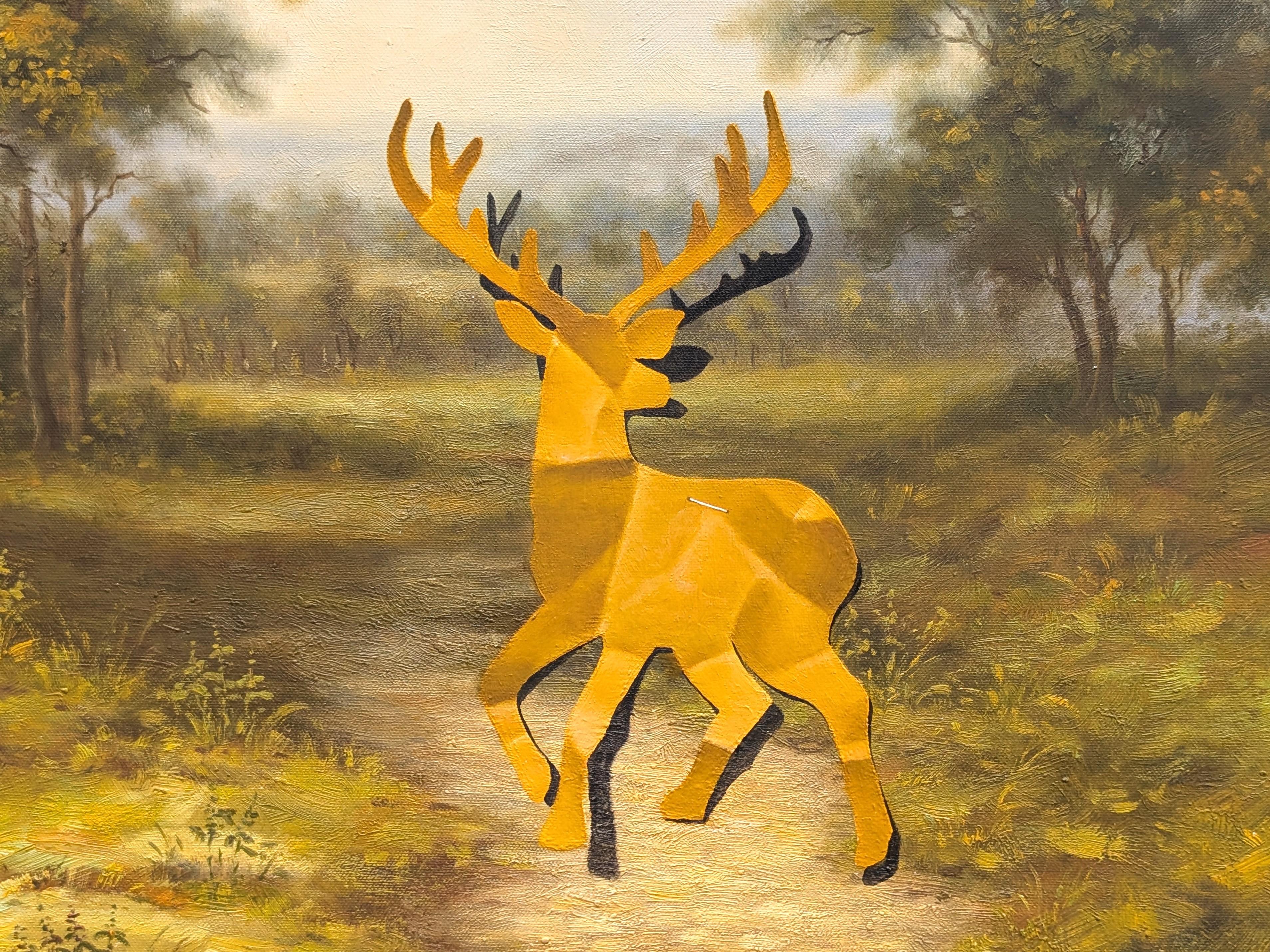 Zeitgenössisches Trompe L'Oeil-Gelbes Reh und blaue Schmetterlinge Scherenschnitt-Gemälde im Angebot 4