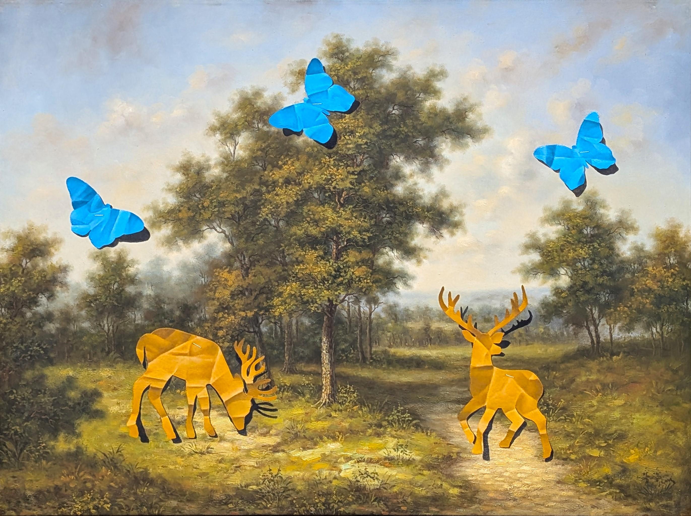 Wood Fancher Anthony Animal Painting – Zeitgenössisches Trompe L'Oeil-Gelbes Reh und blaue Schmetterlinge Scherenschnitt-Gemälde