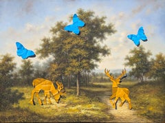 Zeitgenössisches Trompe L'Oeil-Gelbes Reh und blaue Schmetterlinge Scherenschnitt-Gemälde