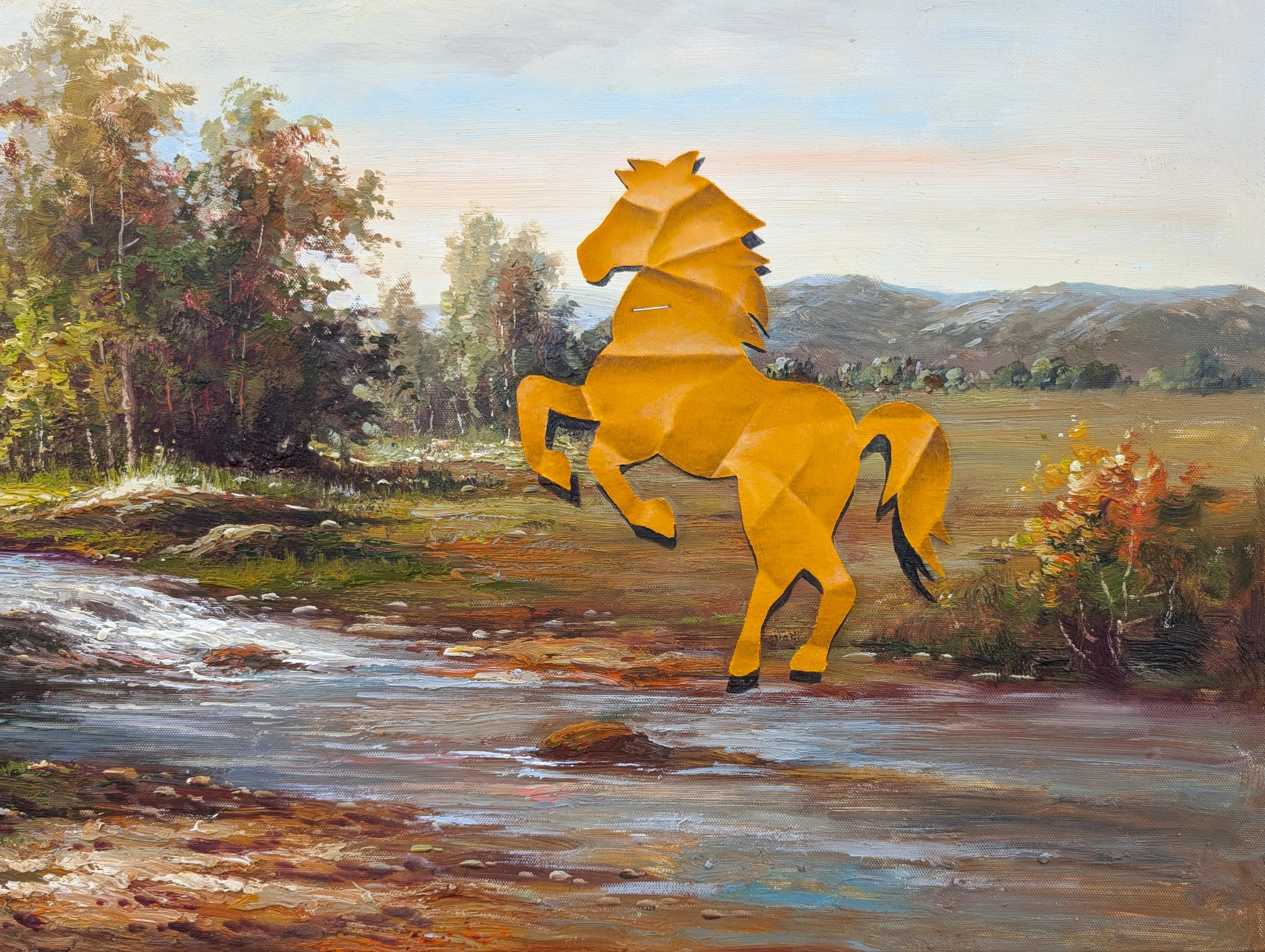 Peinture contemporaine de paysage surréaliste de l'artiste Wood Fancher Anthony, basé au Texas. L'œuvre présente des trompe-l'œil, c'est-à-dire des figures en papier découpé représentant des chevaux et des papillons originaires du Texas.