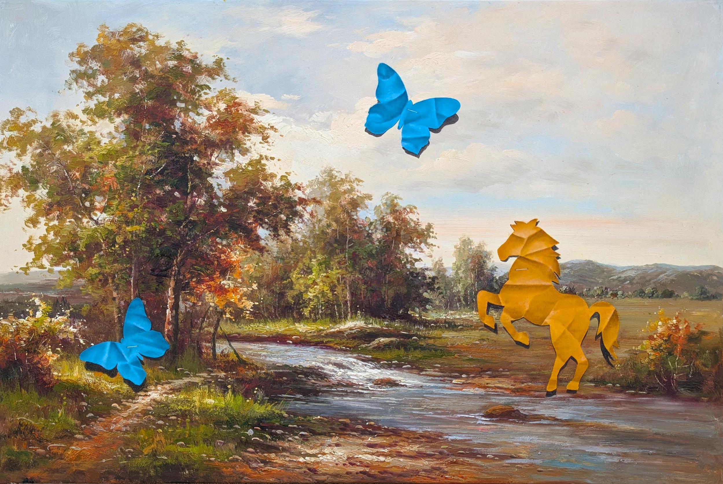 “Horsey Got Excited” Contemporary Trompe L'oeil Papercut Horse Painting