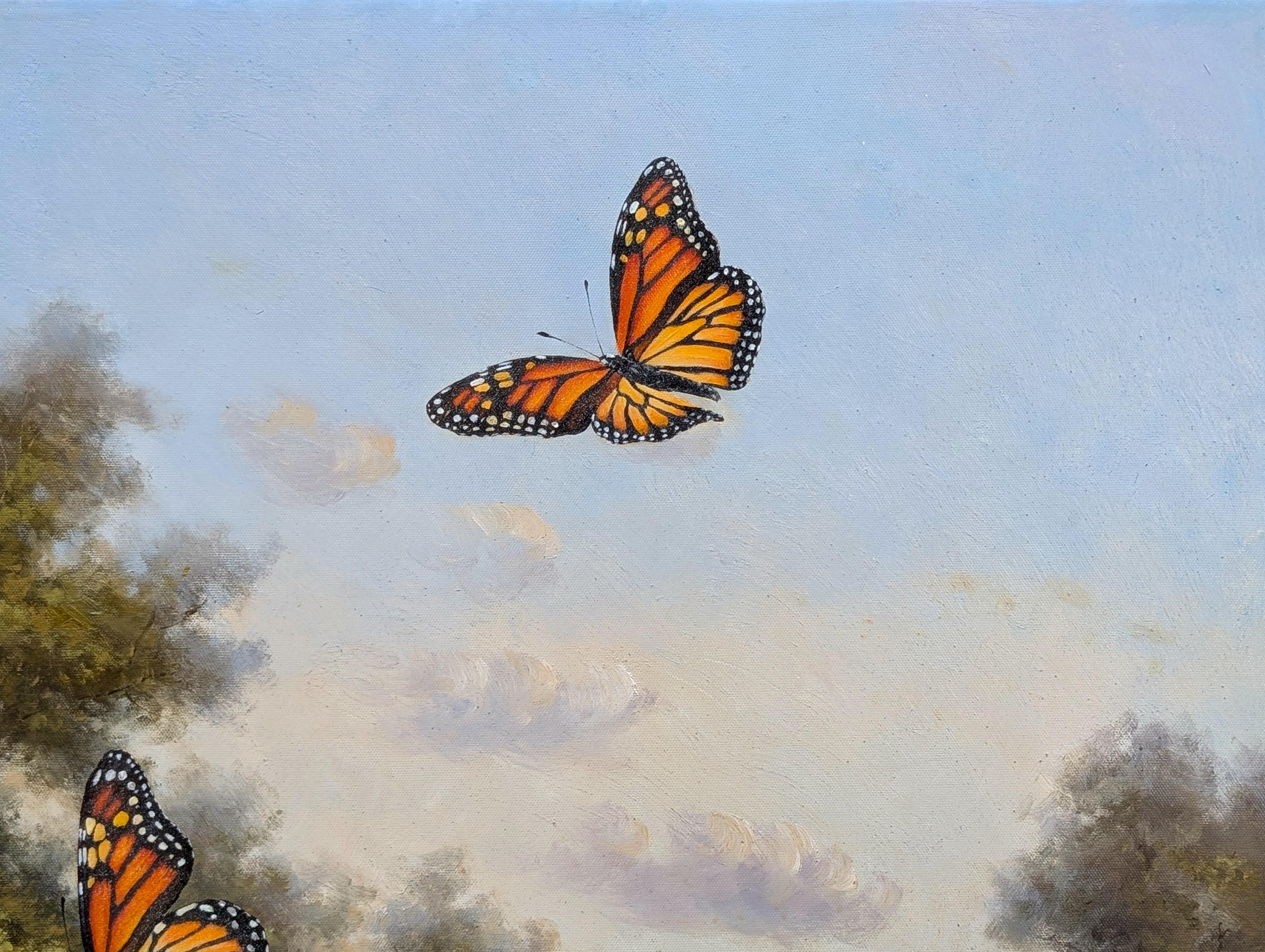 Zeitgenössische Landschaftsmalerei des in Texas lebenden Künstlers Wood Fancher Anthony. Das Werk zeigt hyperrealistische Darstellungen von Monarchschmetterlingen in einer friedlichen Landschaft. Rückseitig signiert, betitelt und datiert. Derzeit in