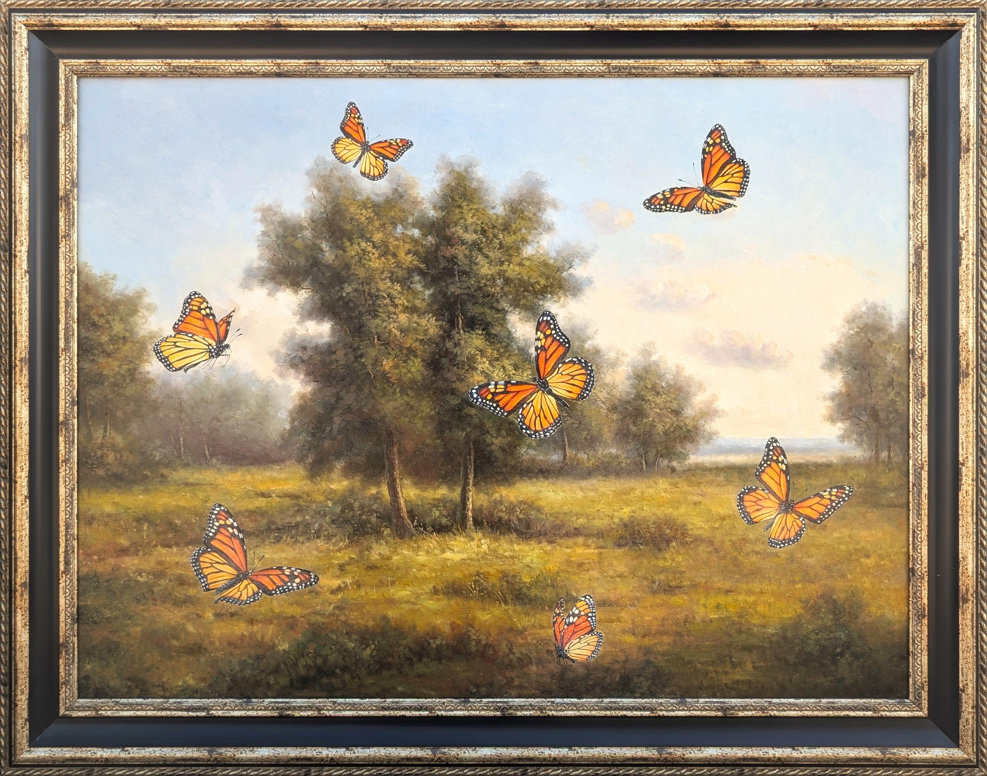 Wood Fancher Anthony Landscape Painting – "Monarchs" Zeitgenössische hyper-realistische Schmetterlings-Landschaftsmalerei