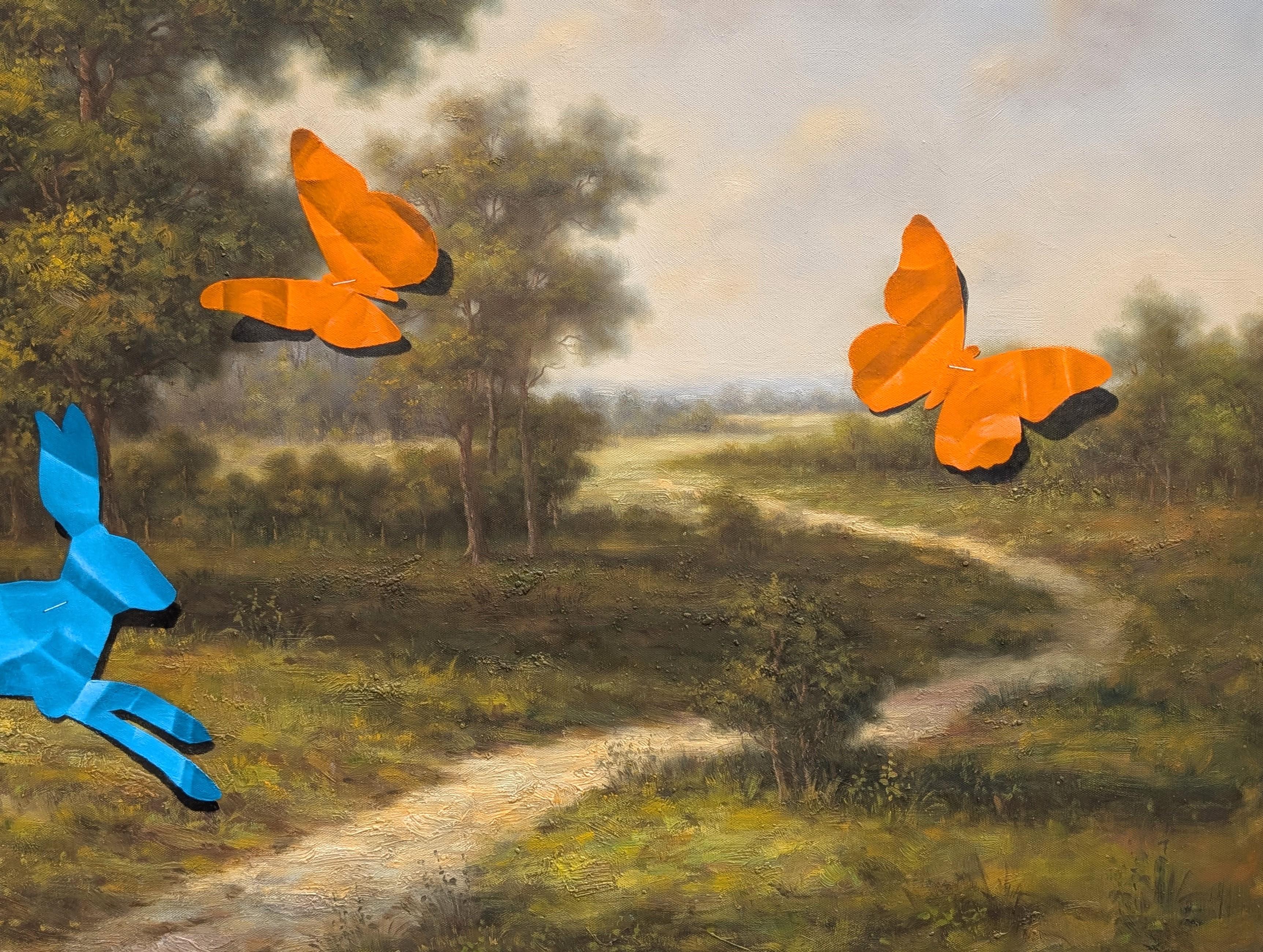 Zeitgenössische surreale Landschaftsmalerei des in Texas lebenden Künstlers Wood Fancher Anthony. Das Werk zeigt Trompe L'Oeil oder 