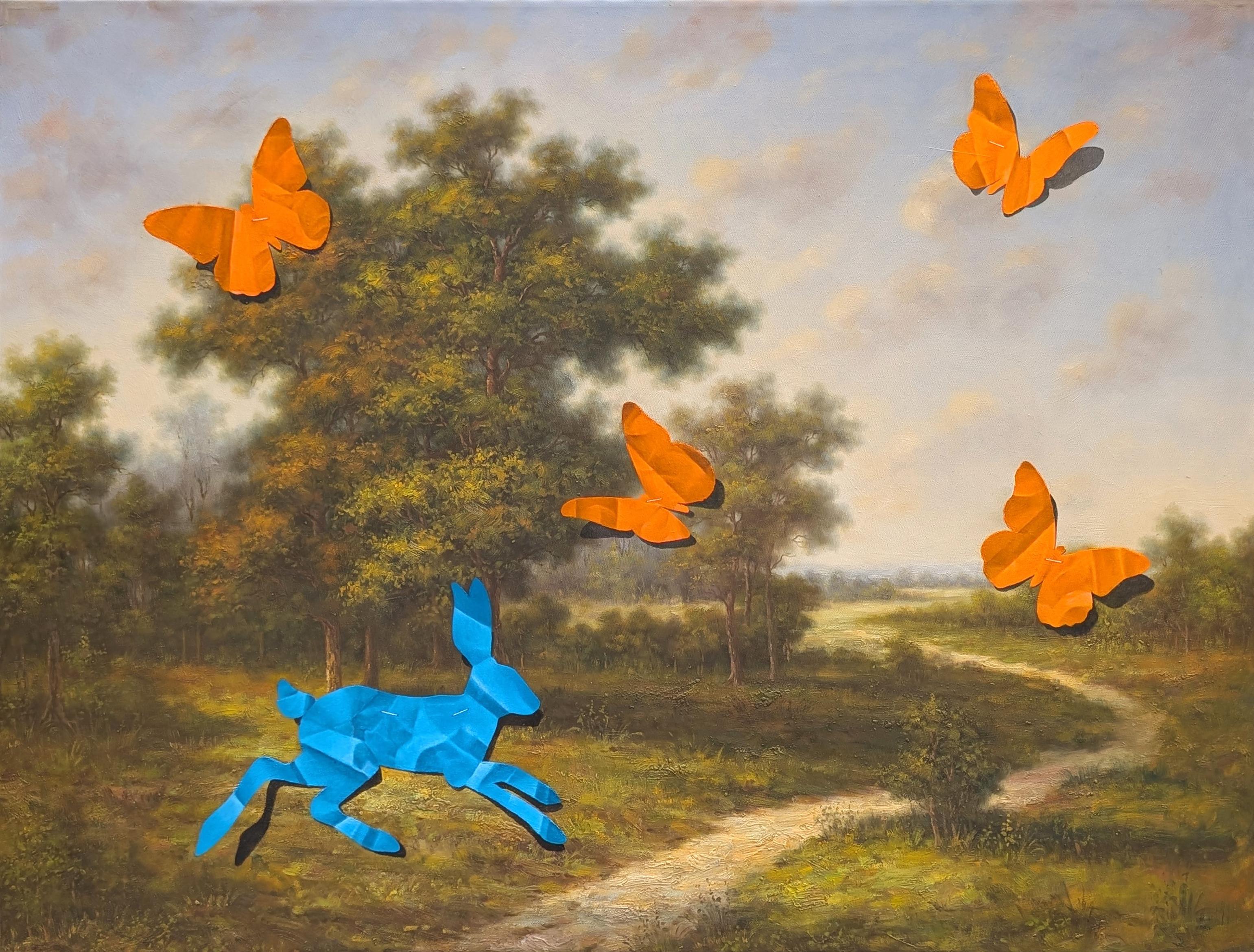 "Mr. Hopper Chases Butterflies" Zeitgenössisches Trompe L'Oeil Scherenschnitt-Gemälde