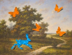 "Mr. Hopper Chases Butterflies" Zeitgenössisches Trompe L'Oeil Scherenschnitt-Gemälde