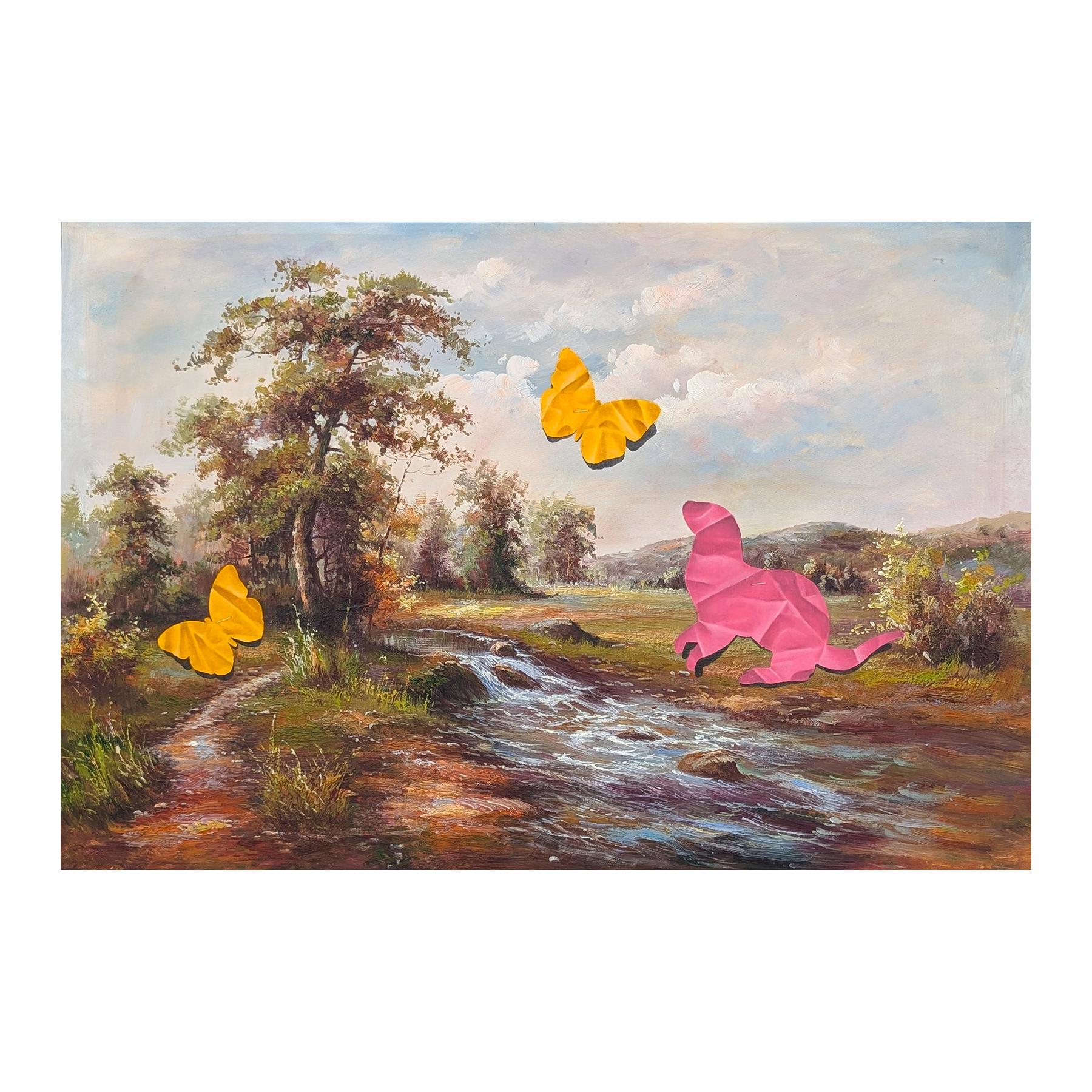 “Mr. Otter's Play Time” Contemporary Trompe L'oeil Papercut Painting - Brown Animal Painting by Wood Fancher Anthony