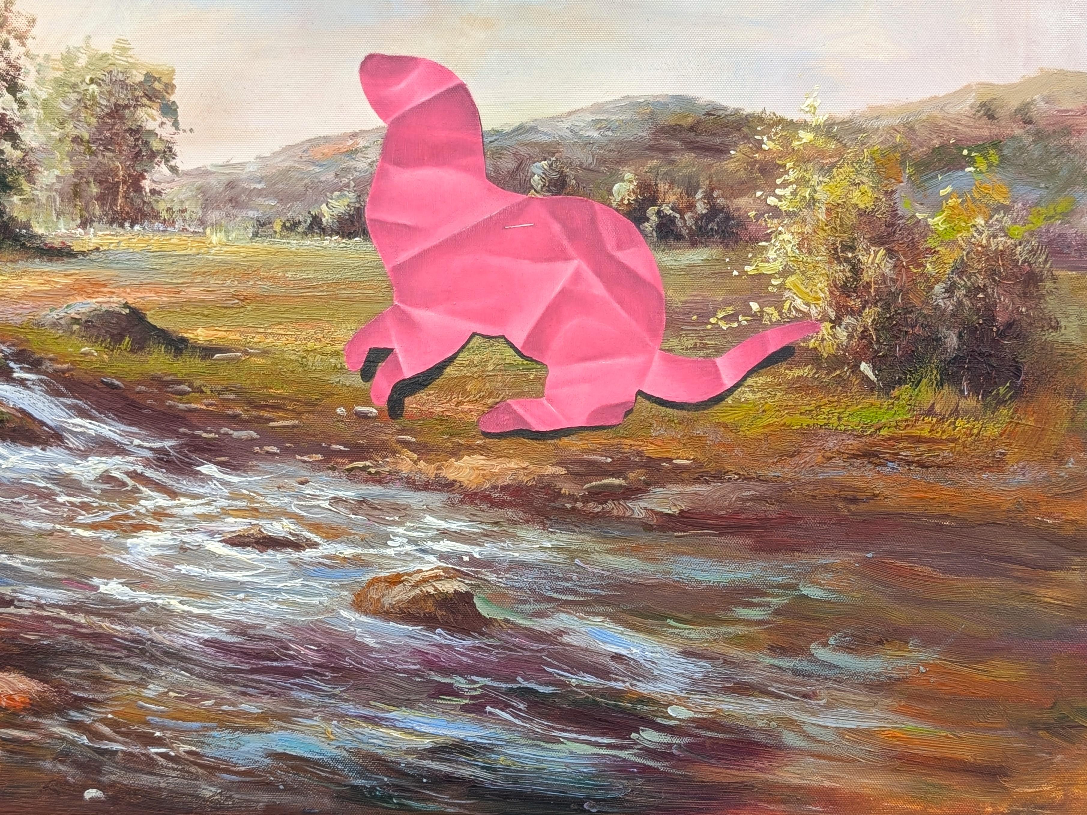 “Mr. Otter's Play Time” Contemporary Trompe L'oeil Papercut Painting For Sale 2