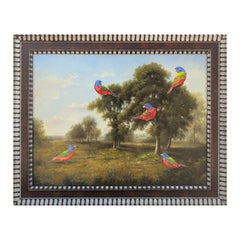 “Painted Buntings” Contemporary Hyper-Realistic Bird Rural Landscape Painting