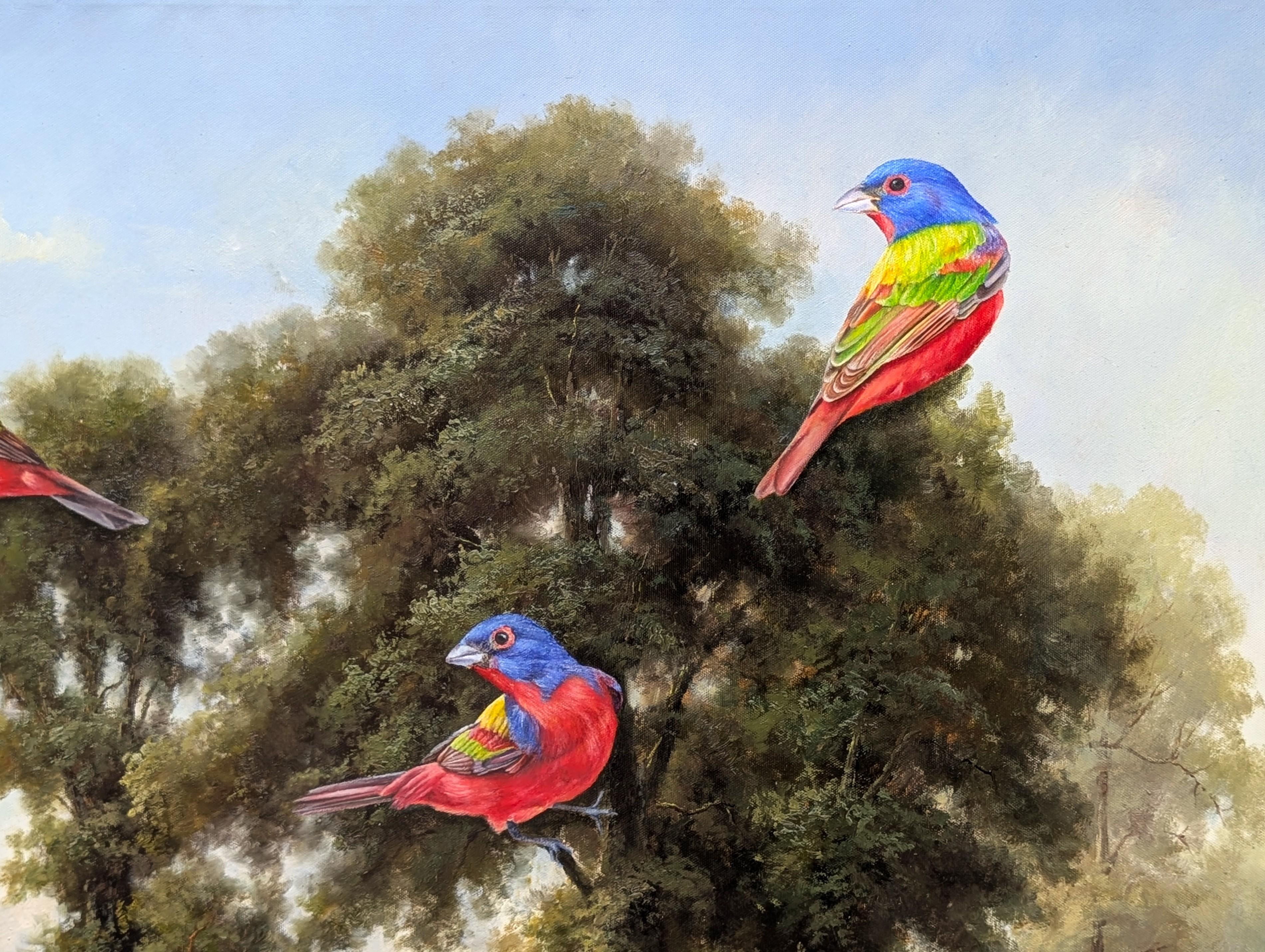 Zeitgenössische Landschaftsmalerei des in Texas lebenden Künstlers Wood Fancher Anthony. Das Werk zeigt hyperrealistische Darstellungen von gemalten Ammern in einer friedlichen Landschaft. Rückseitig signiert, betitelt und datiert. Derzeit in einem