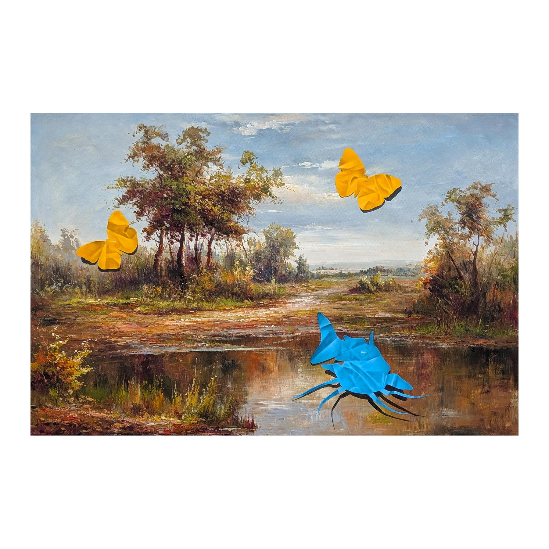 “The Waiting Game” Contemporary Trompe L'oeil Papercut Fish Painting - Brown Landscape Painting by Wood Fancher Anthony