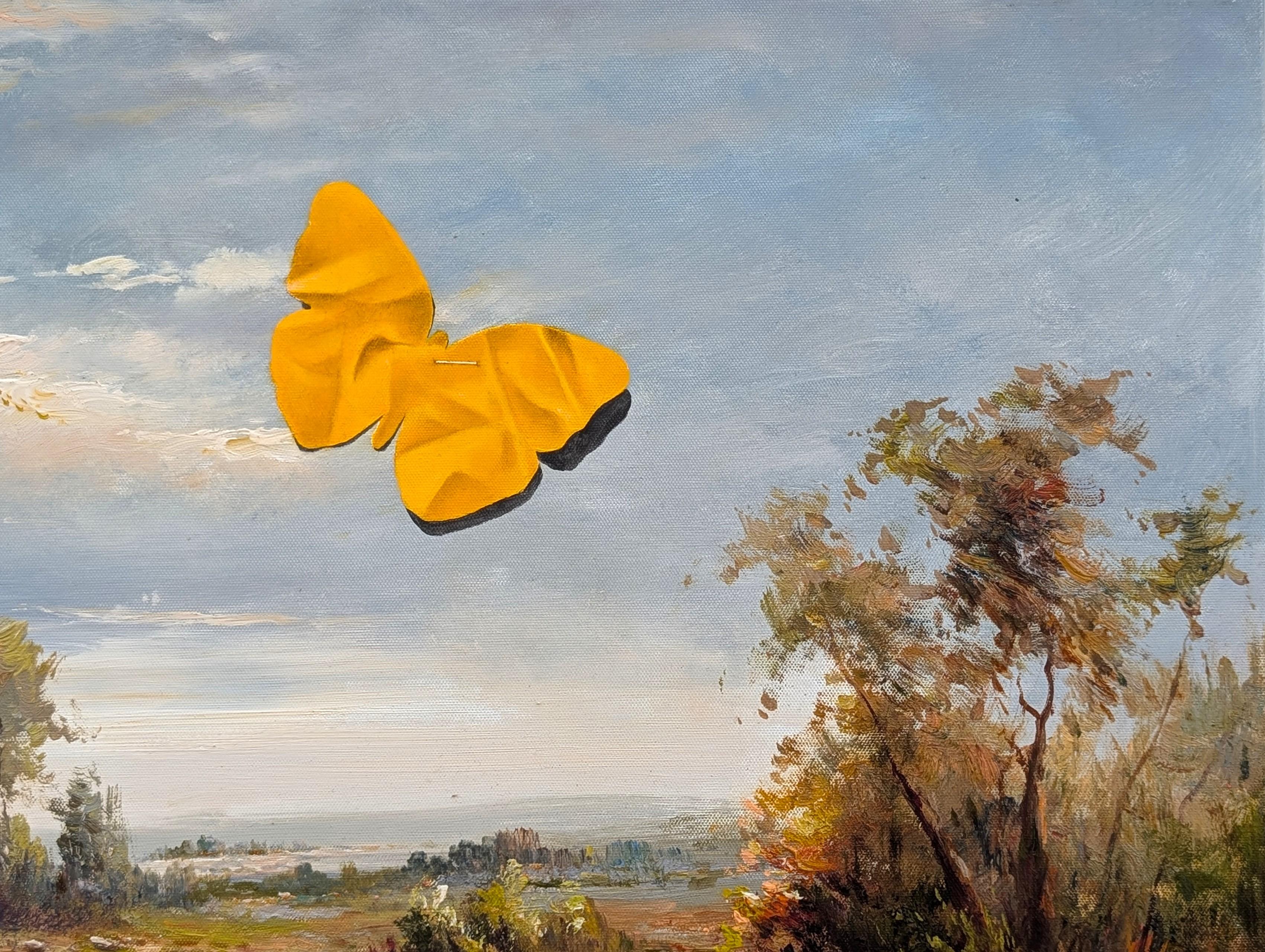 “The Waiting Game” Contemporary Trompe L'oeil Papercut Fish Painting For Sale 1