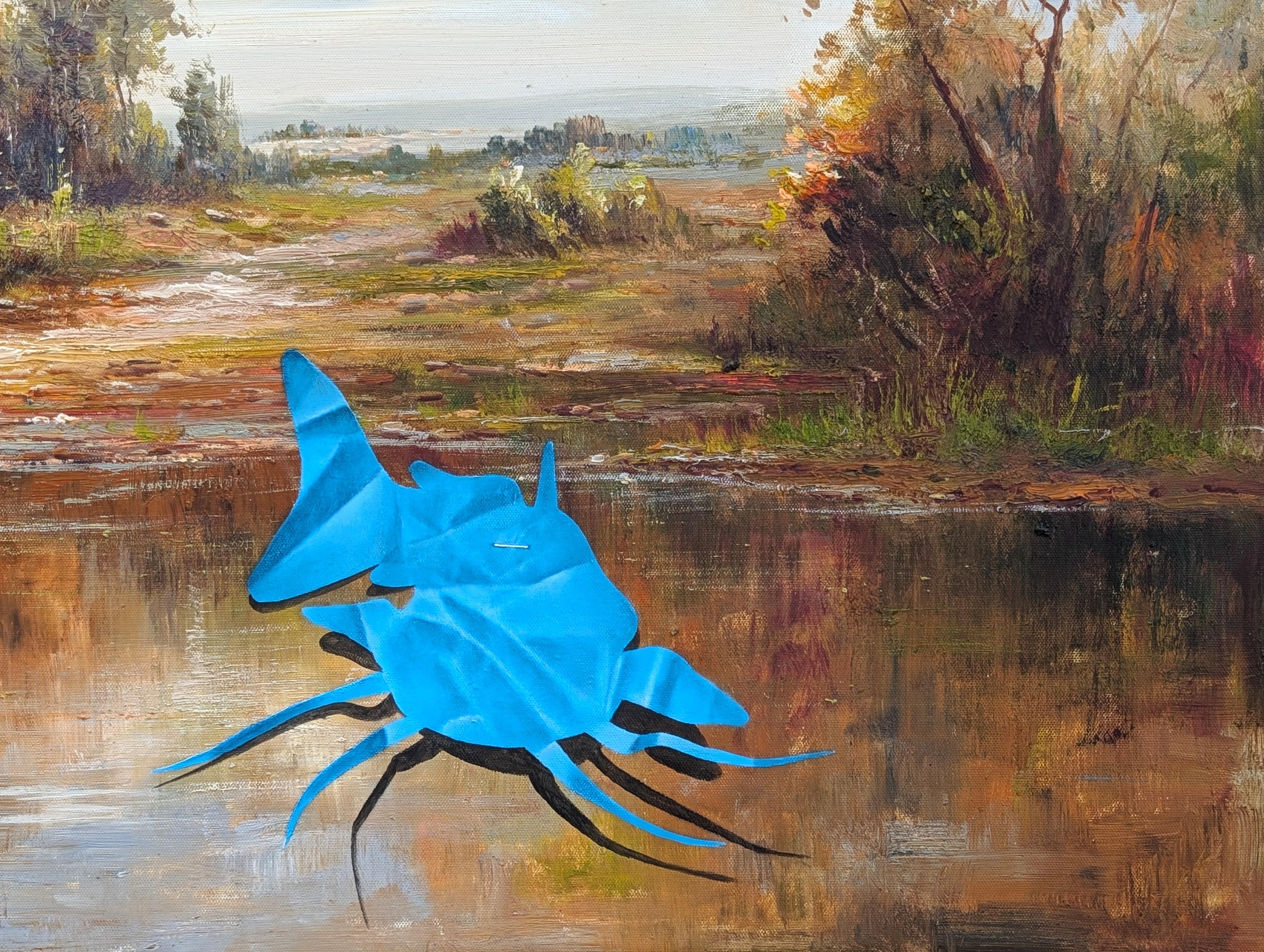 “The Waiting Game” Contemporary Trompe L'oeil Papercut Fish Painting For Sale 2