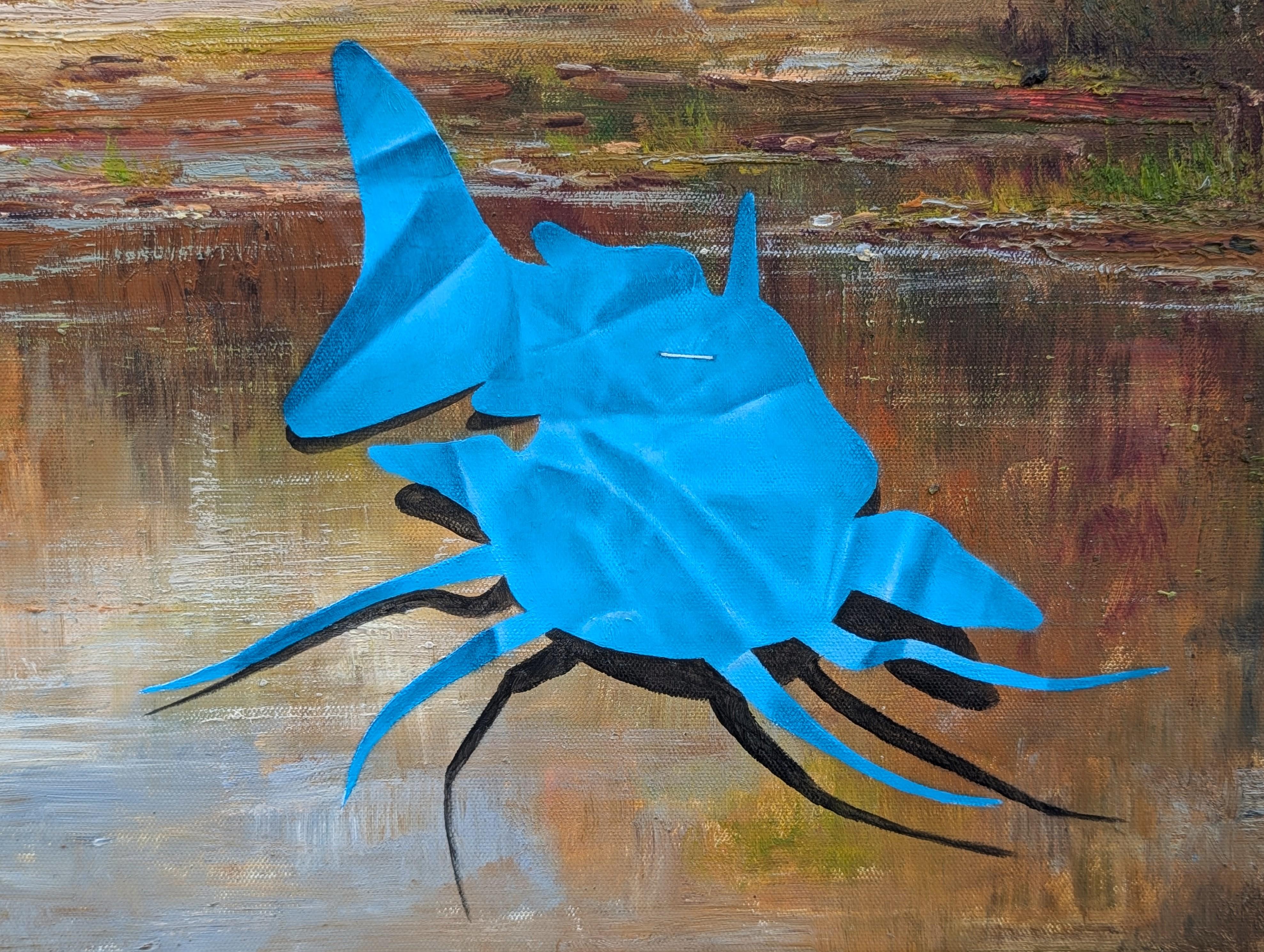 “The Waiting Game” Contemporary Trompe L'oeil Papercut Fish Painting For Sale 4