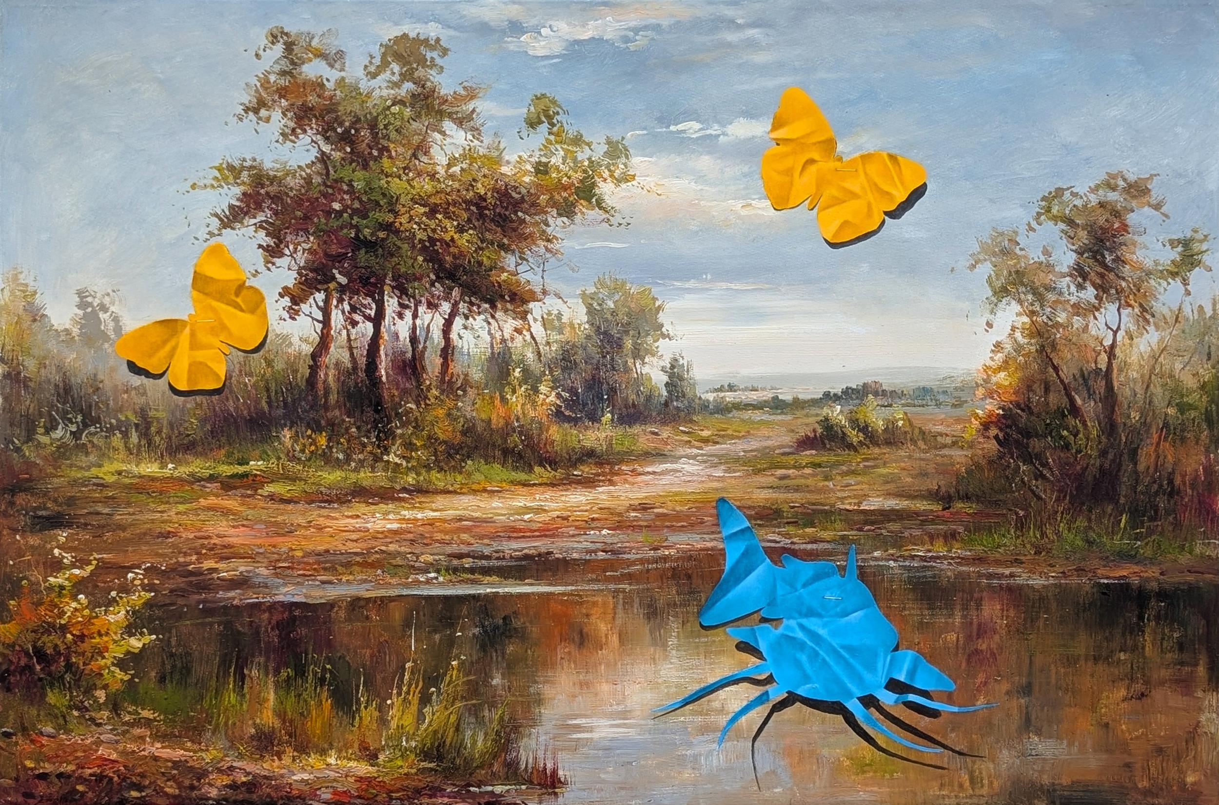 “The Waiting Game” Contemporary Trompe L'oeil Papercut Fish Painting