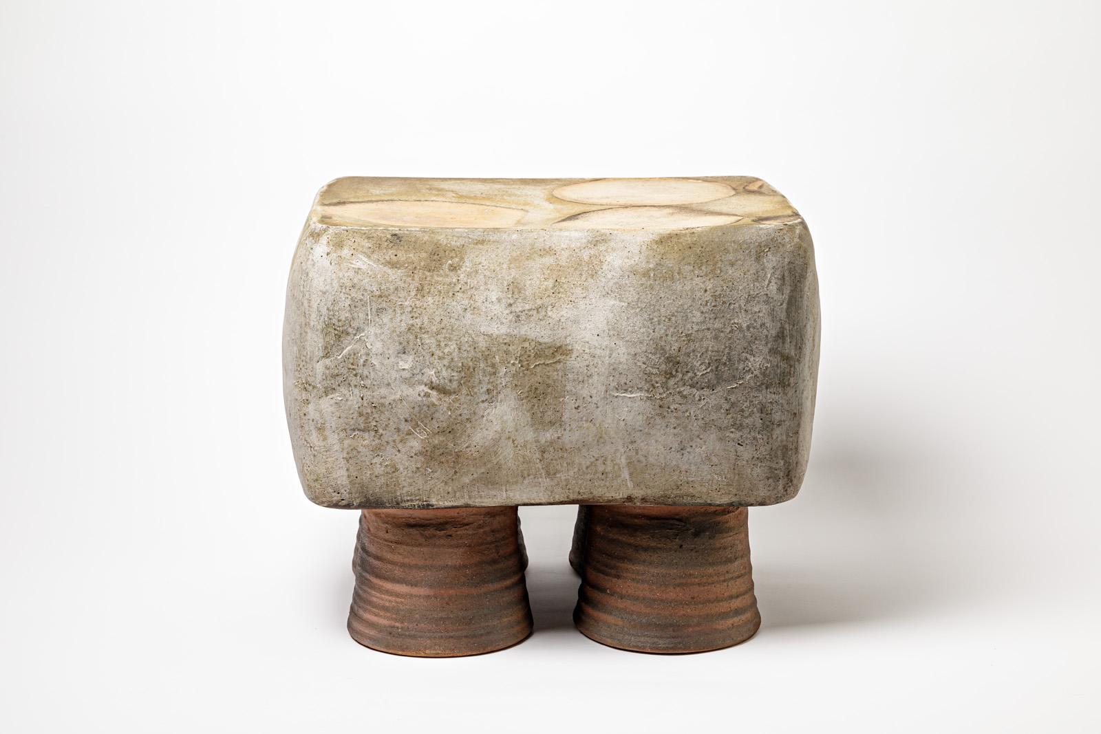 Wood fired ceramic stool or coffee table by Mia Jensen. 
Artist signature under the base. 2023.
H : 15.7’ x 18.1’ x 15.7’ inches.