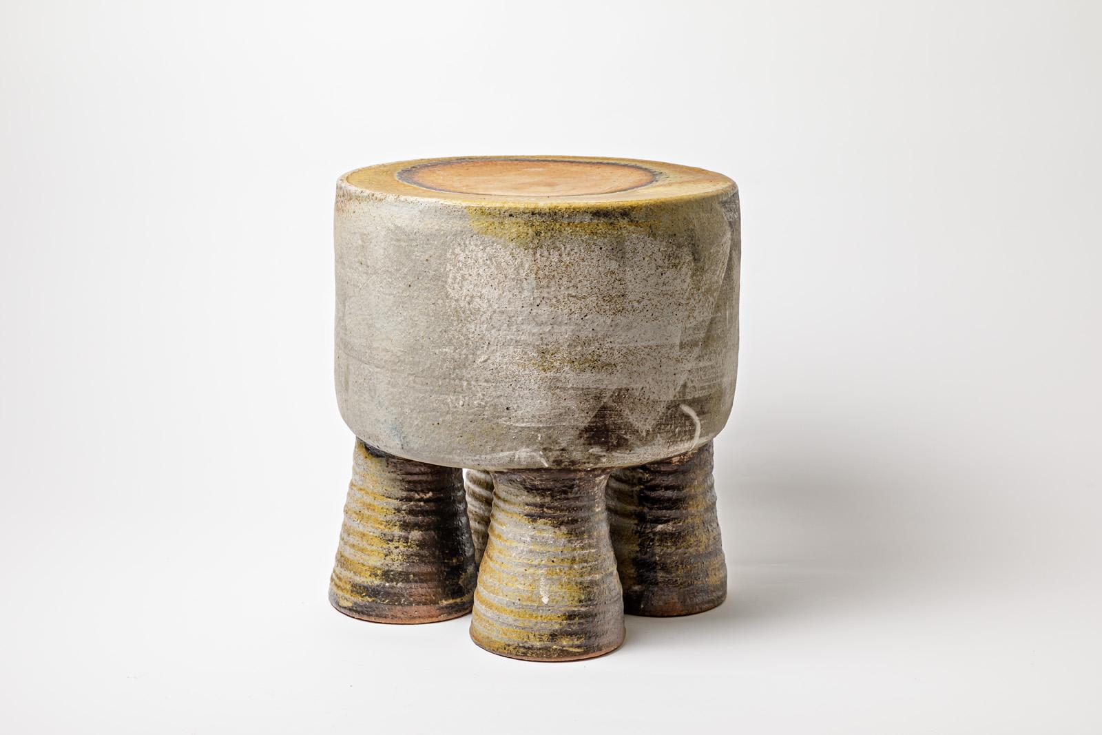 Wood fired ceramic stool or coffee table by Mia Jensen. 
Artist signature under the base. 2023.
H : 15.3’ x 14.2’ inches.