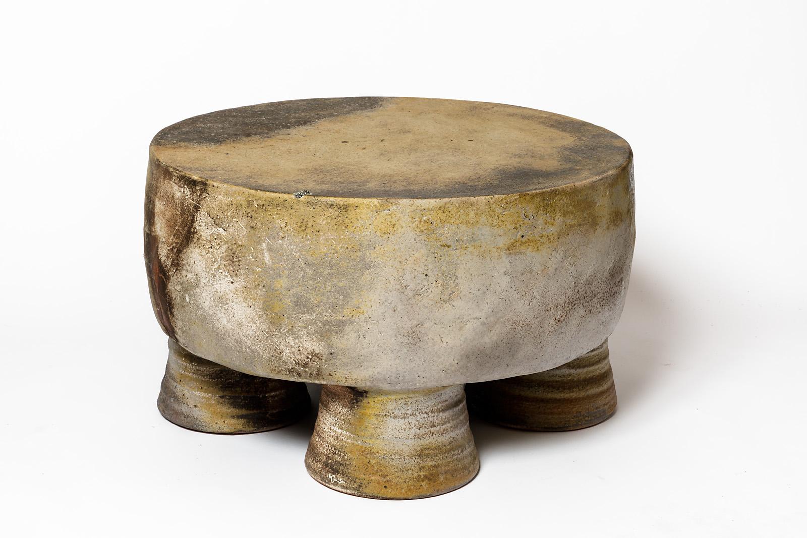 French Wood fired ceramic stool or coffee table by Mia Jensen, 2024. For Sale