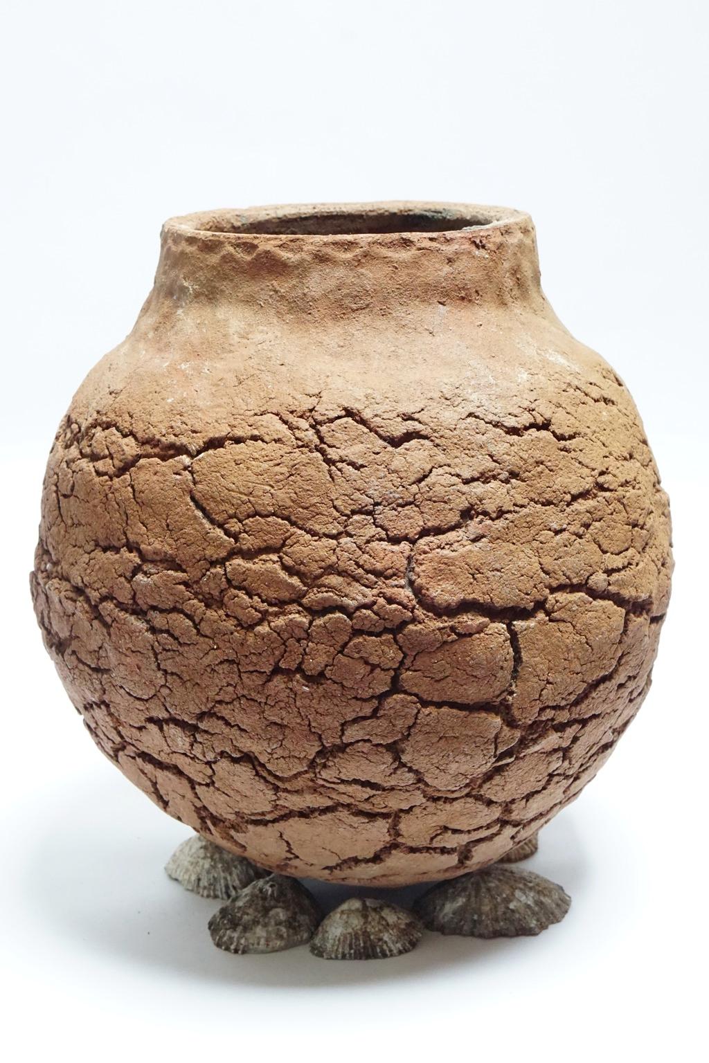 Spanish Wood Fired Crackled Clay Vase For Sale