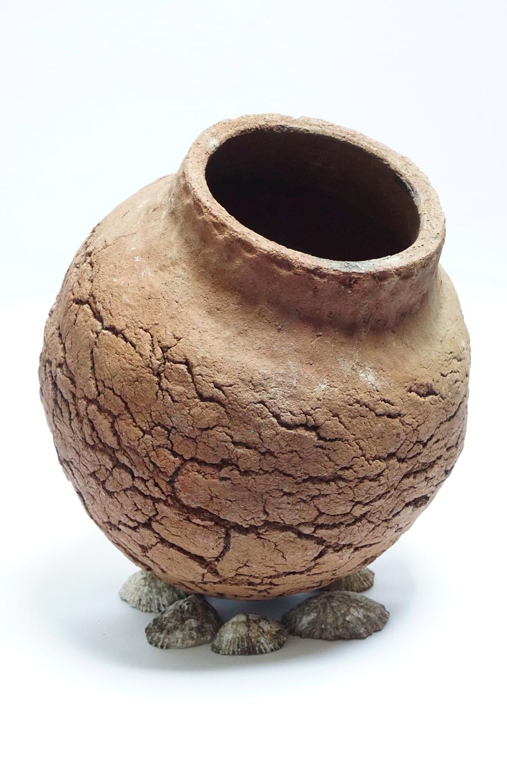 Contemporary Wood Fired Crackled Clay Vase For Sale