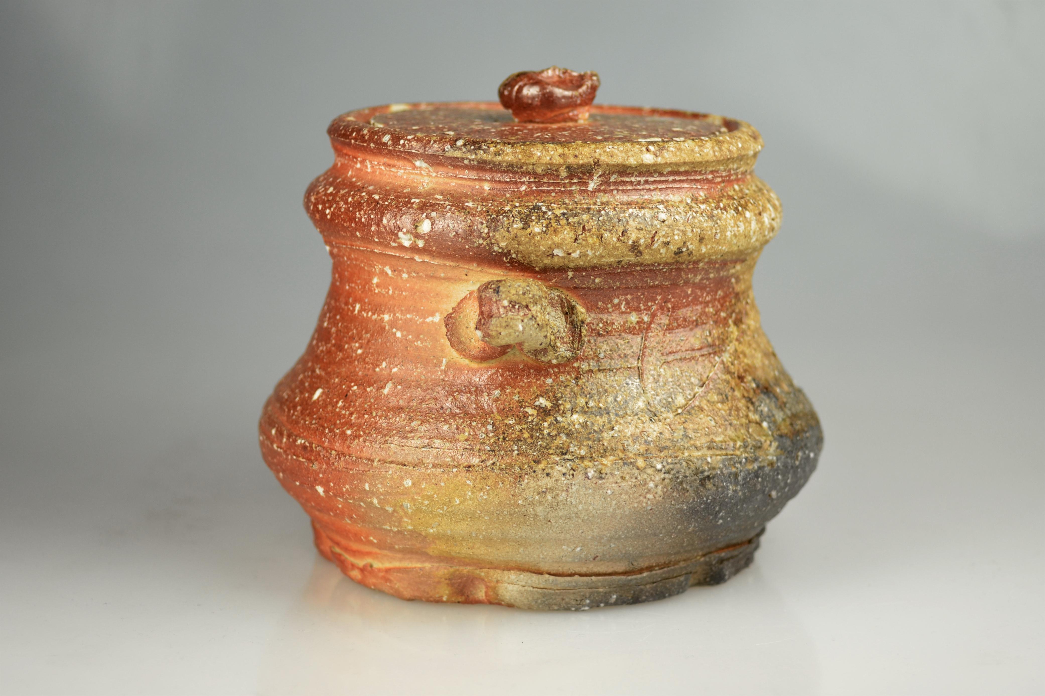 Japanese Wood-Fired Lidded Jar Brown Ash Glaze Shigaraki by Takahashi Rakusai IV For Sale