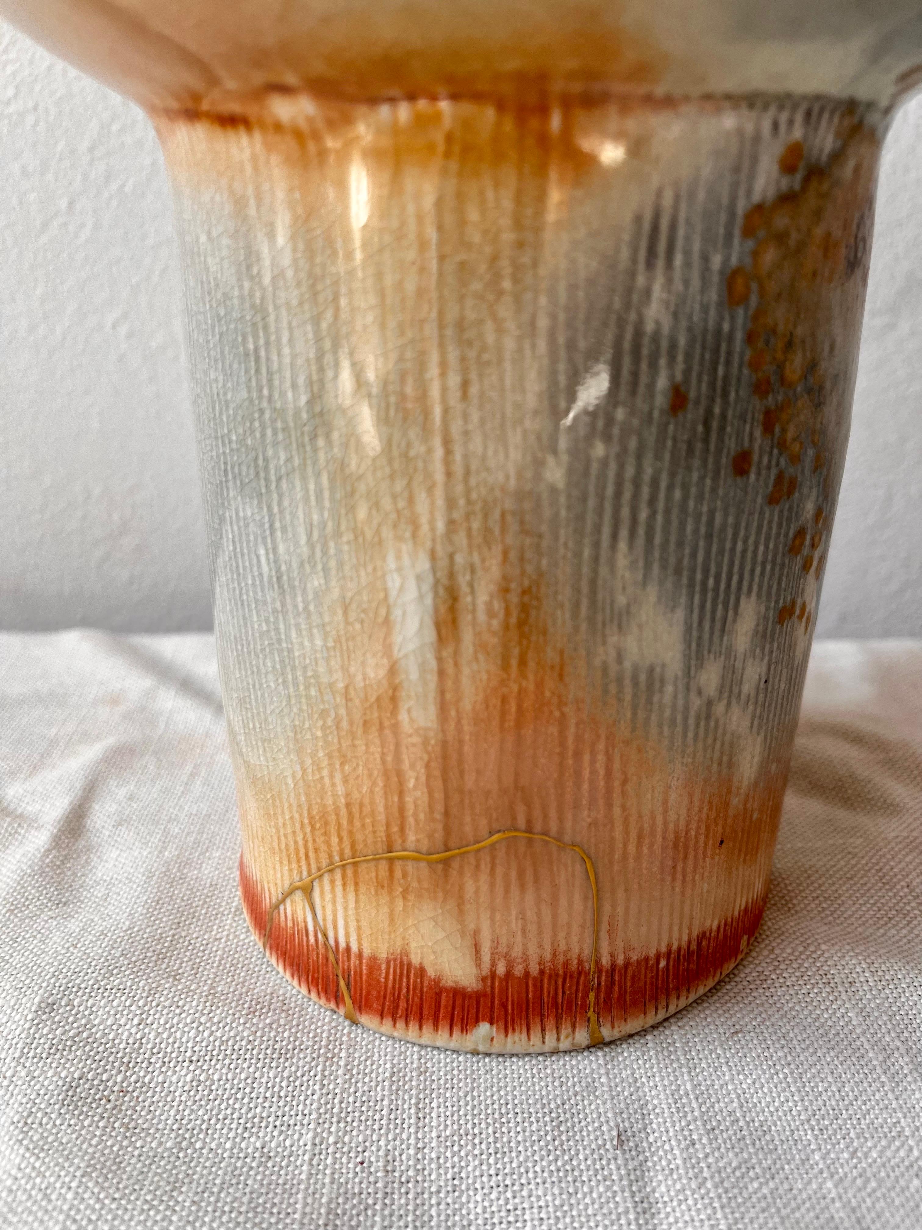 Contemporary Wood-Fired Porcelain Pedestal Bowl 22K Gold Kintsugi Repair Hand-Built Ceramic  For Sale