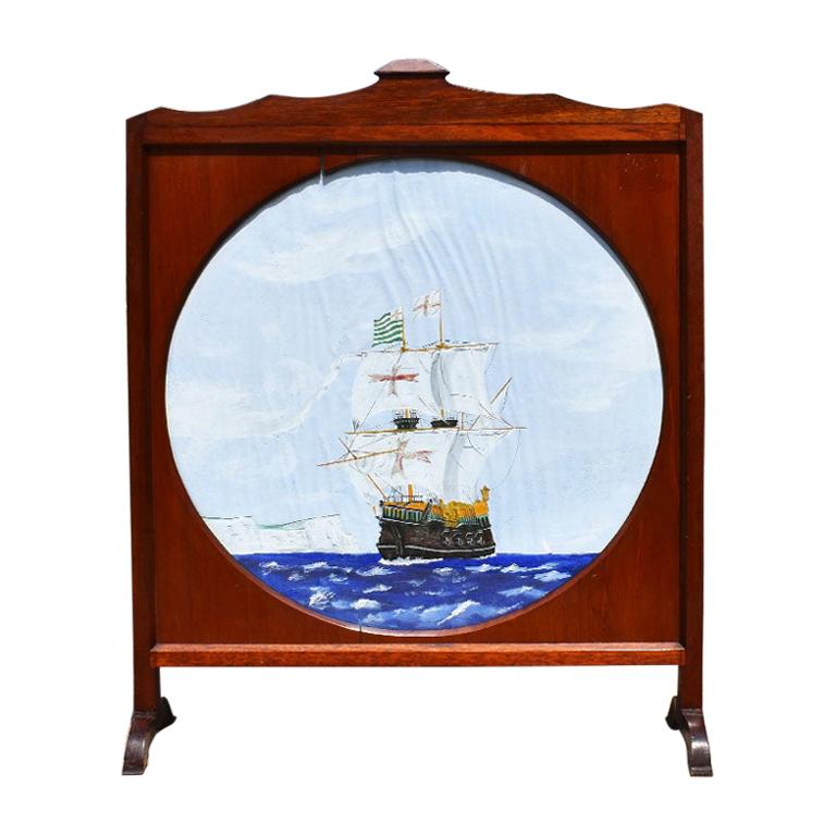 Wood Fireplace Screen with Painted Nautical Yacht Scene on Canvas For Sale