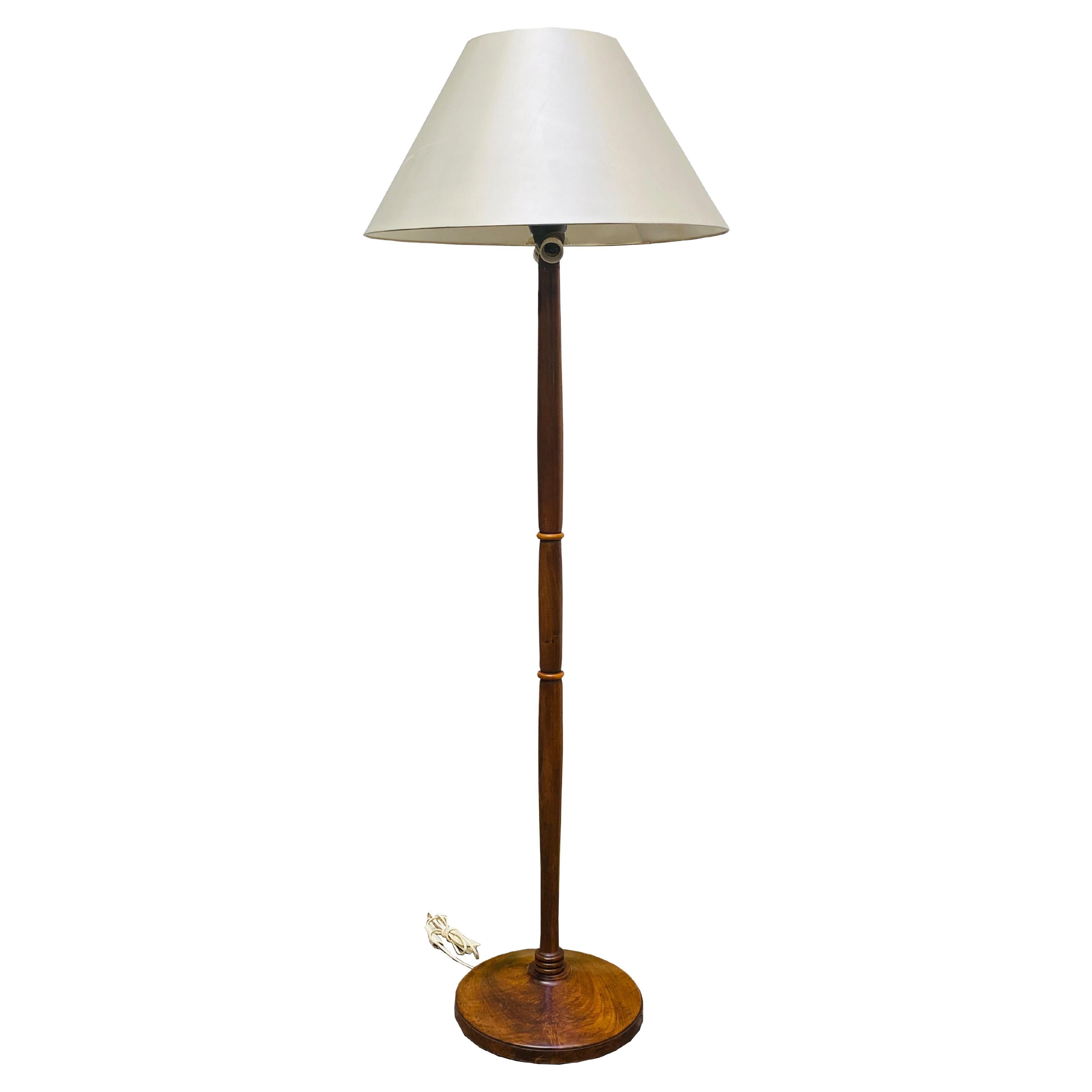 Wood Floor Lamp with Satin Lampshade, Italy 1940s