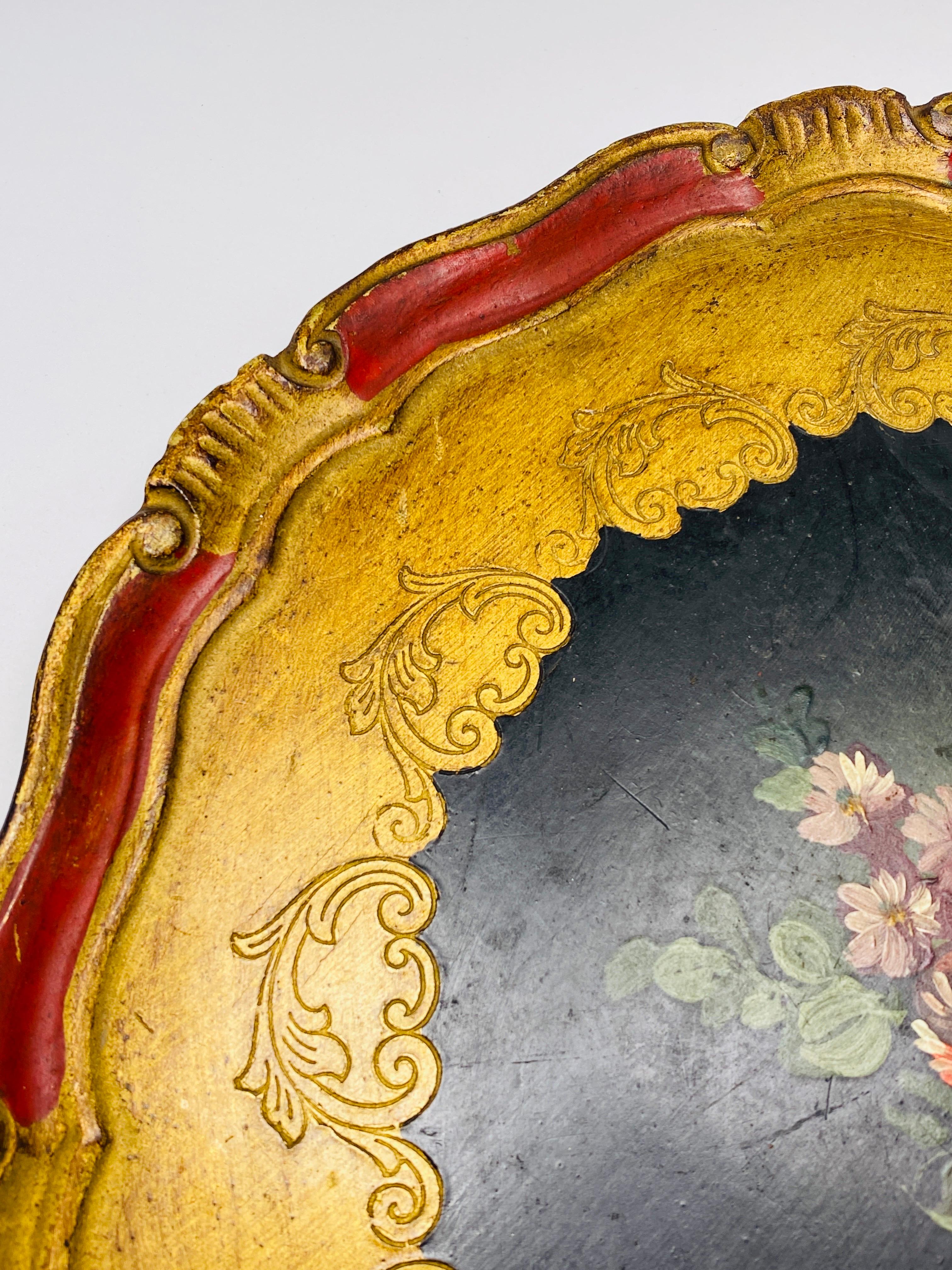 Hand-Painted Wood Florentine Platter, Hand Painted with Floral Decor Patterns, Italy 1960 For Sale