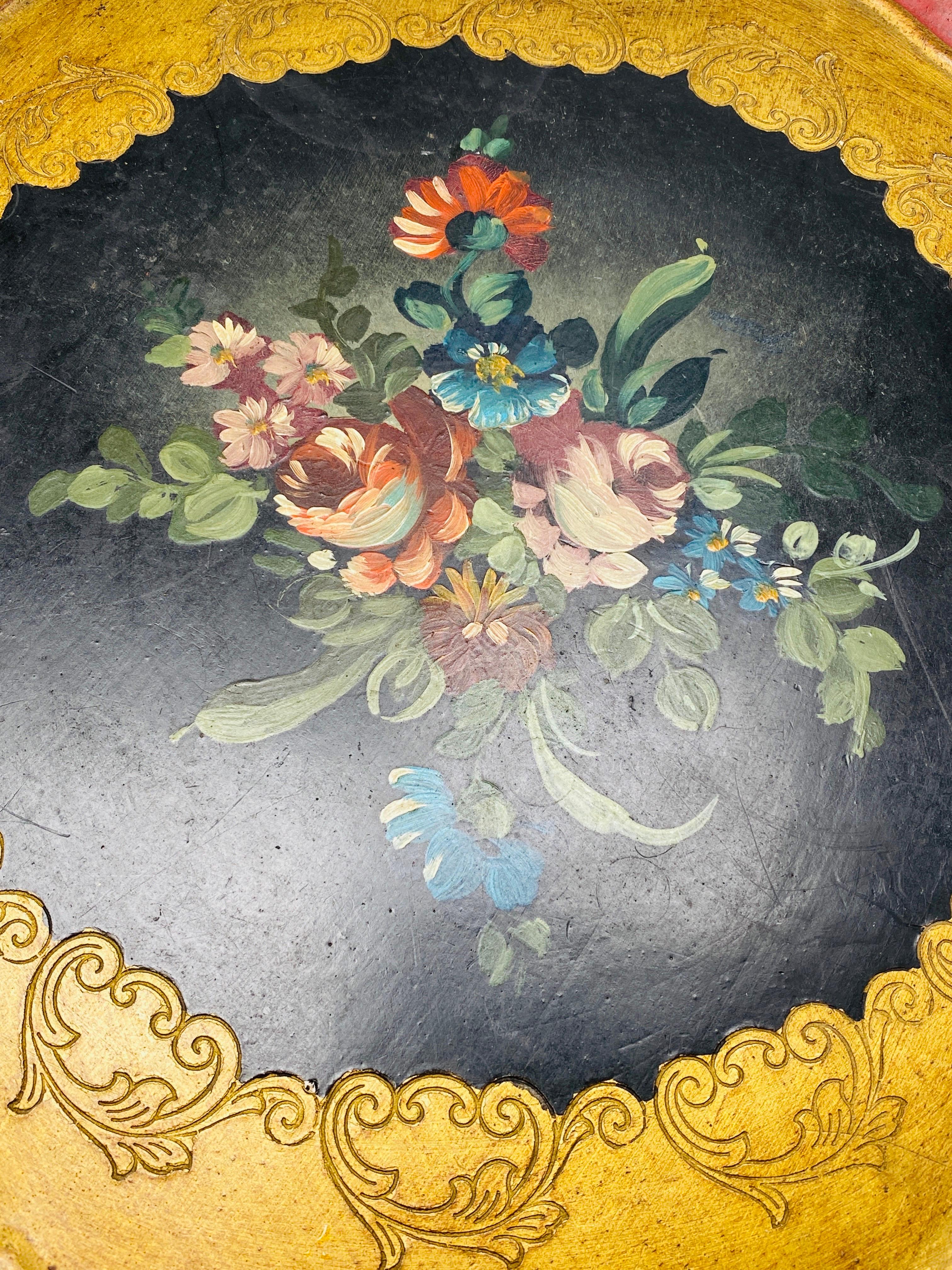 Mid-20th Century Wood Florentine Platter, Hand Painted with Floral Decor Patterns, Italy 1960 For Sale