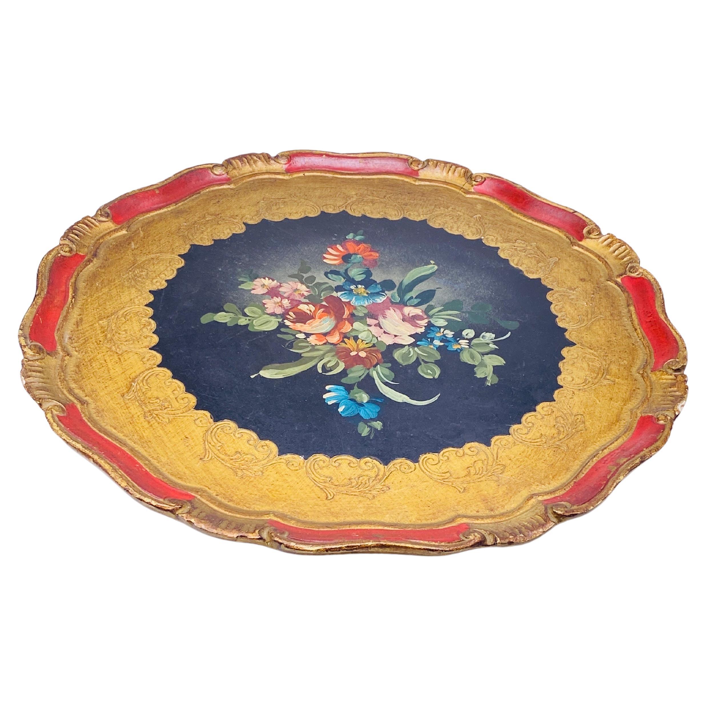 Wood Florentine Platter, Hand Painted with Floral Decor Patterns, Italy 1960 For Sale