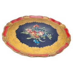 Wood Florentine Platter, Hand Painted with Floral Decor Patterns, Italy 1960