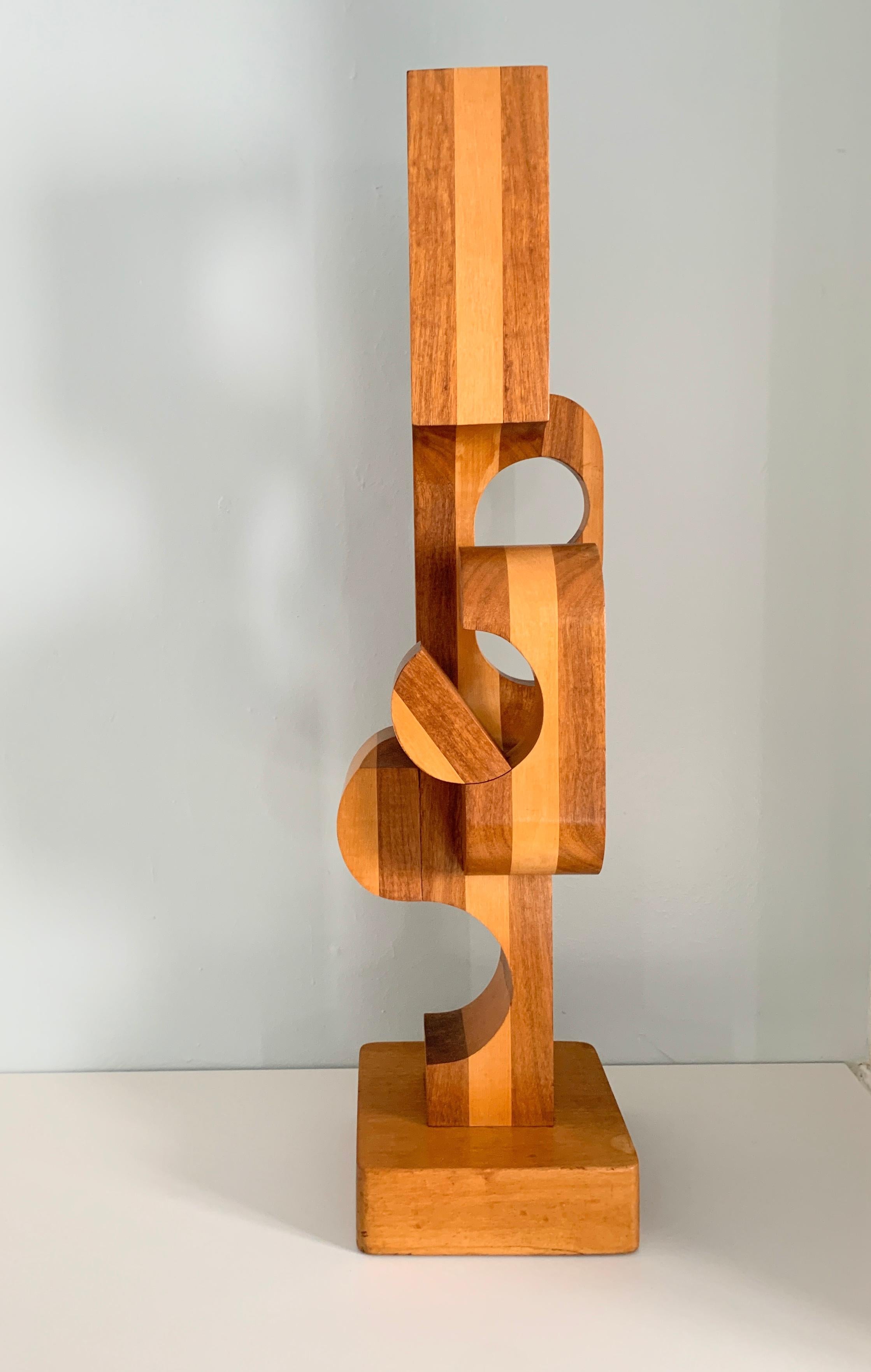 Wood geometric sculpture in the manner of Don Shoemaker. Inlay.