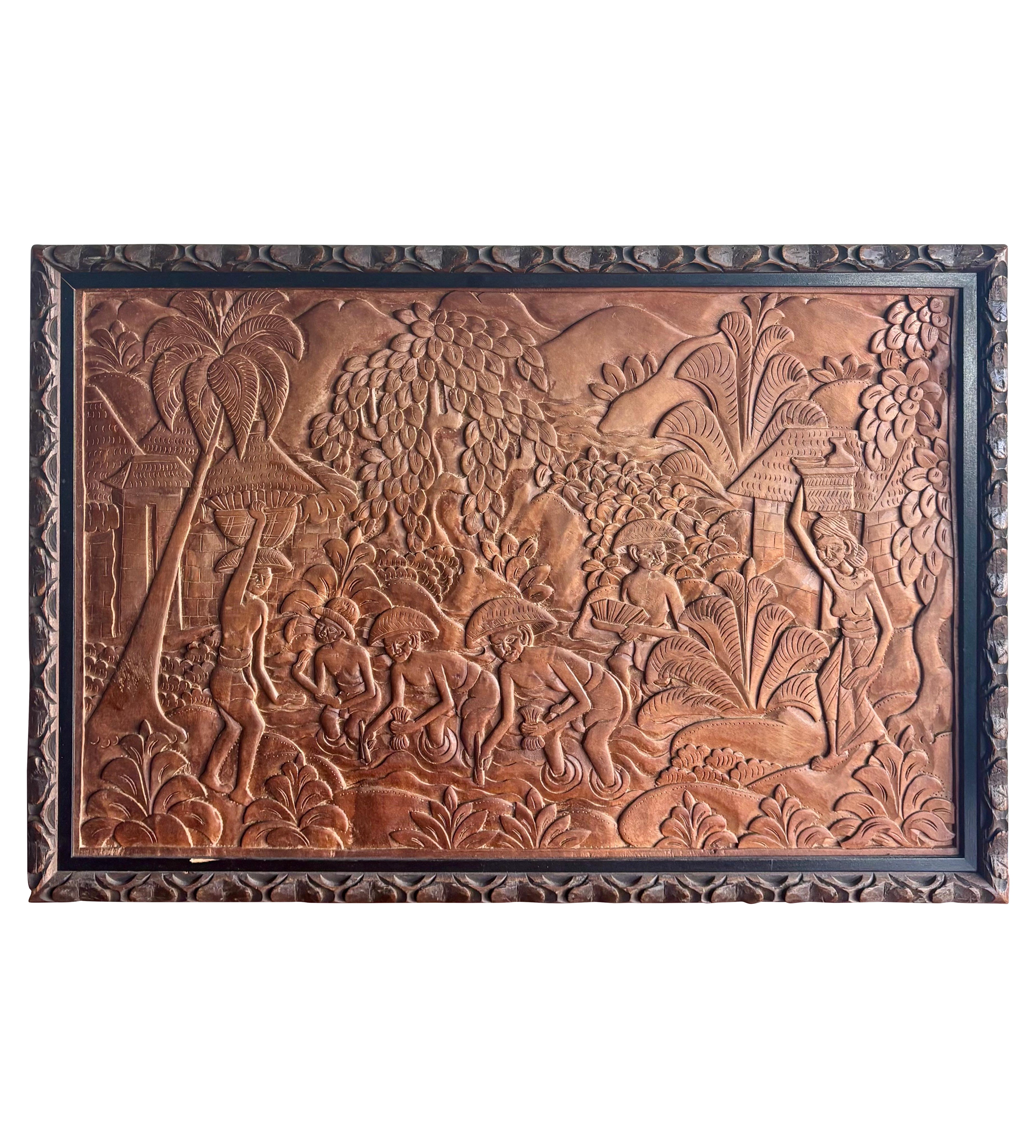 Mid-20th Century Balinese Hand-Carved Suar Wood Village Relief Panel