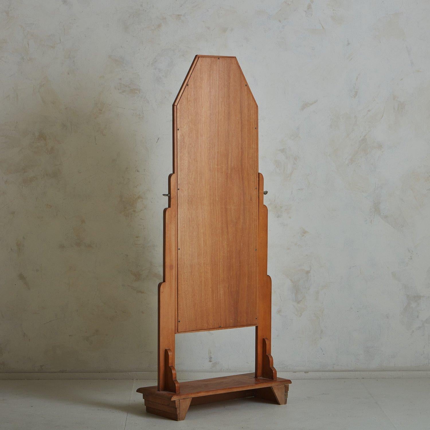 French Wood Frame Art Deco Cheval Standing Floor Mirror, France 1930s For Sale