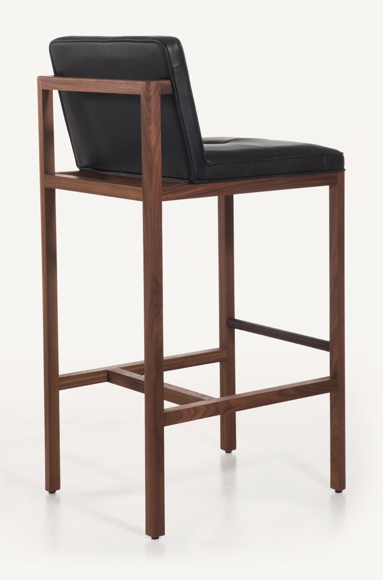 Customizable Wood Frame Bar Stool in Walnut and Leather Designed by