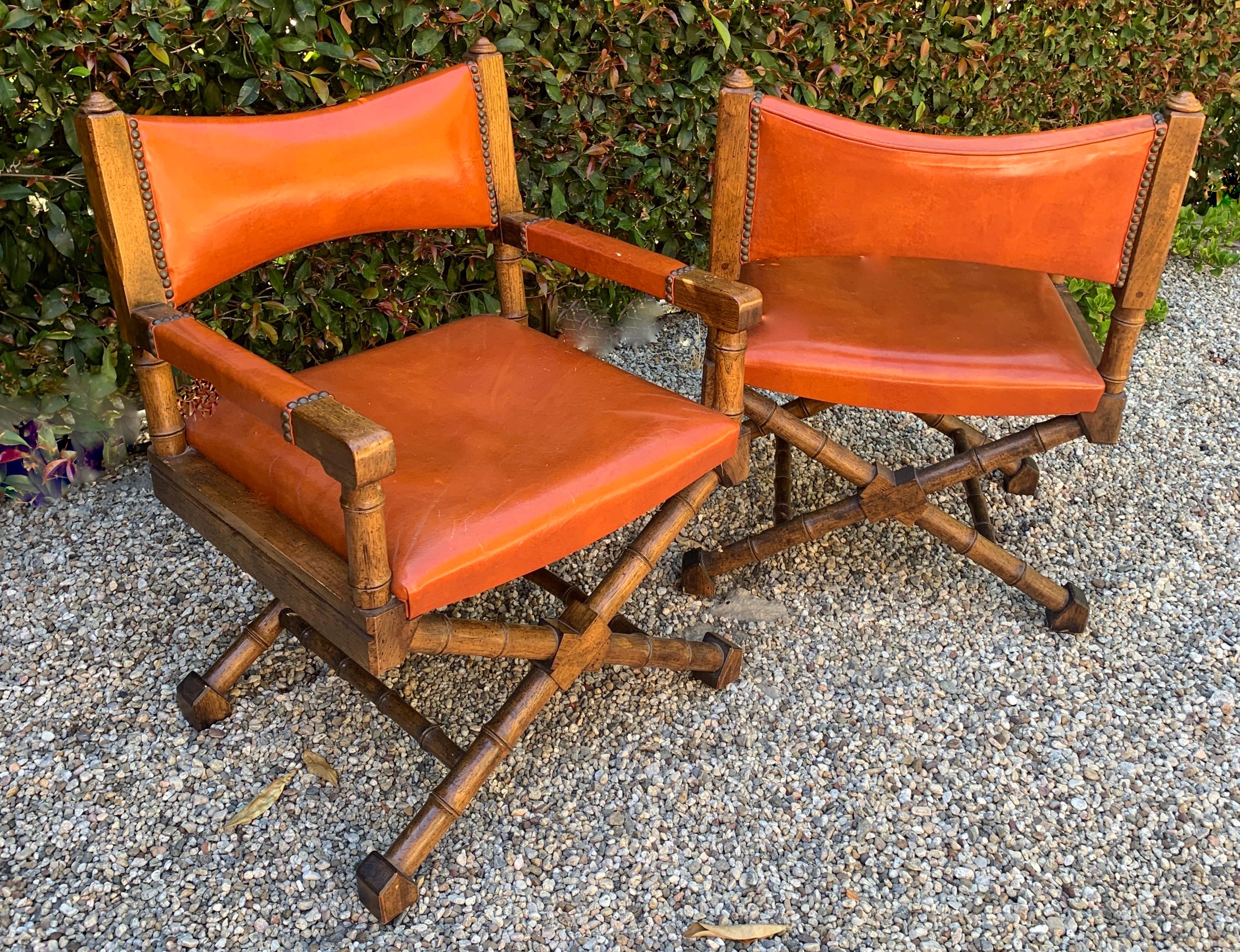 Wood Frame Campaign Chair with Orange Leather Upholstery 5