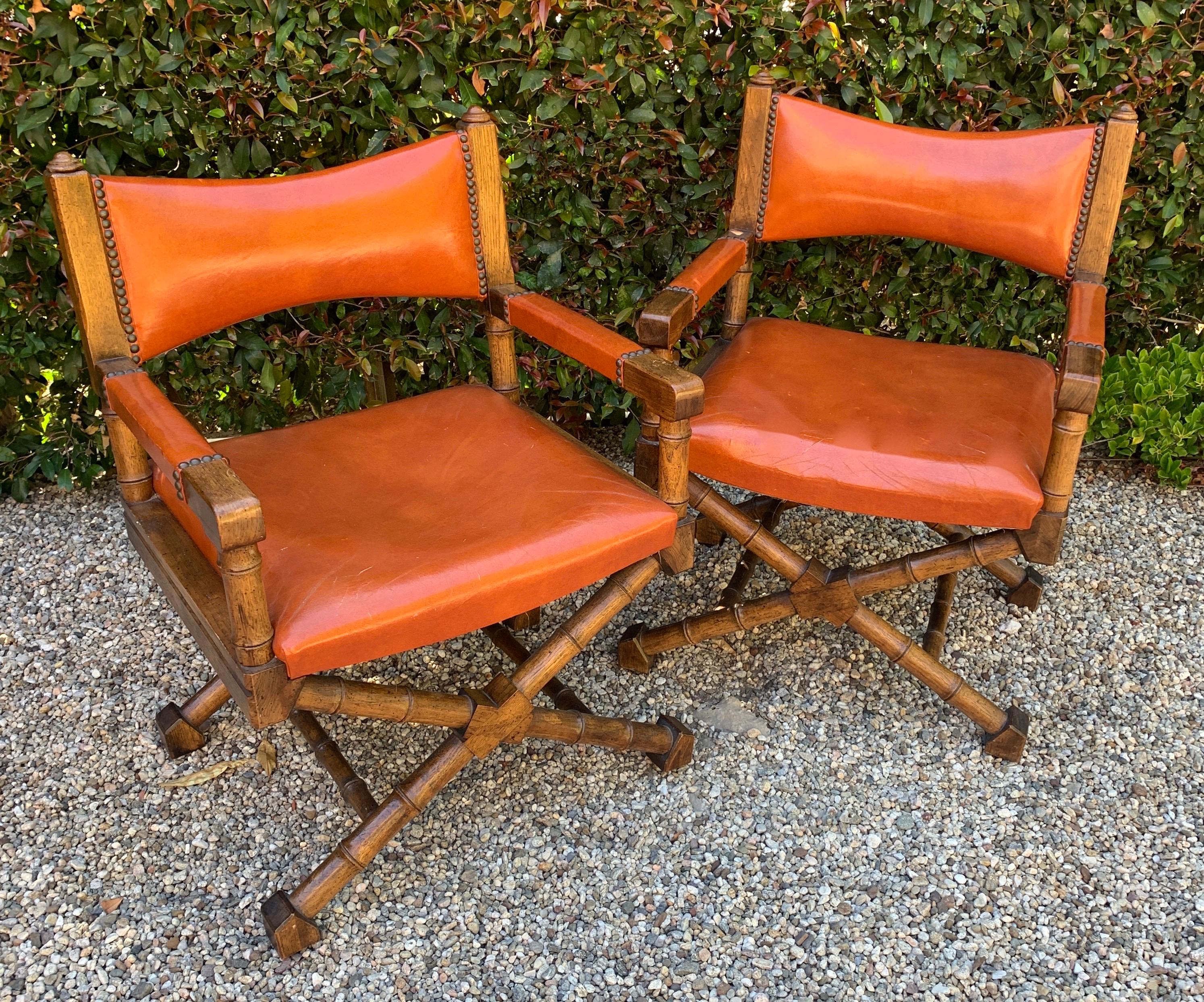 Wood Frame Campaign Chair with Orange Leather Upholstery 6
