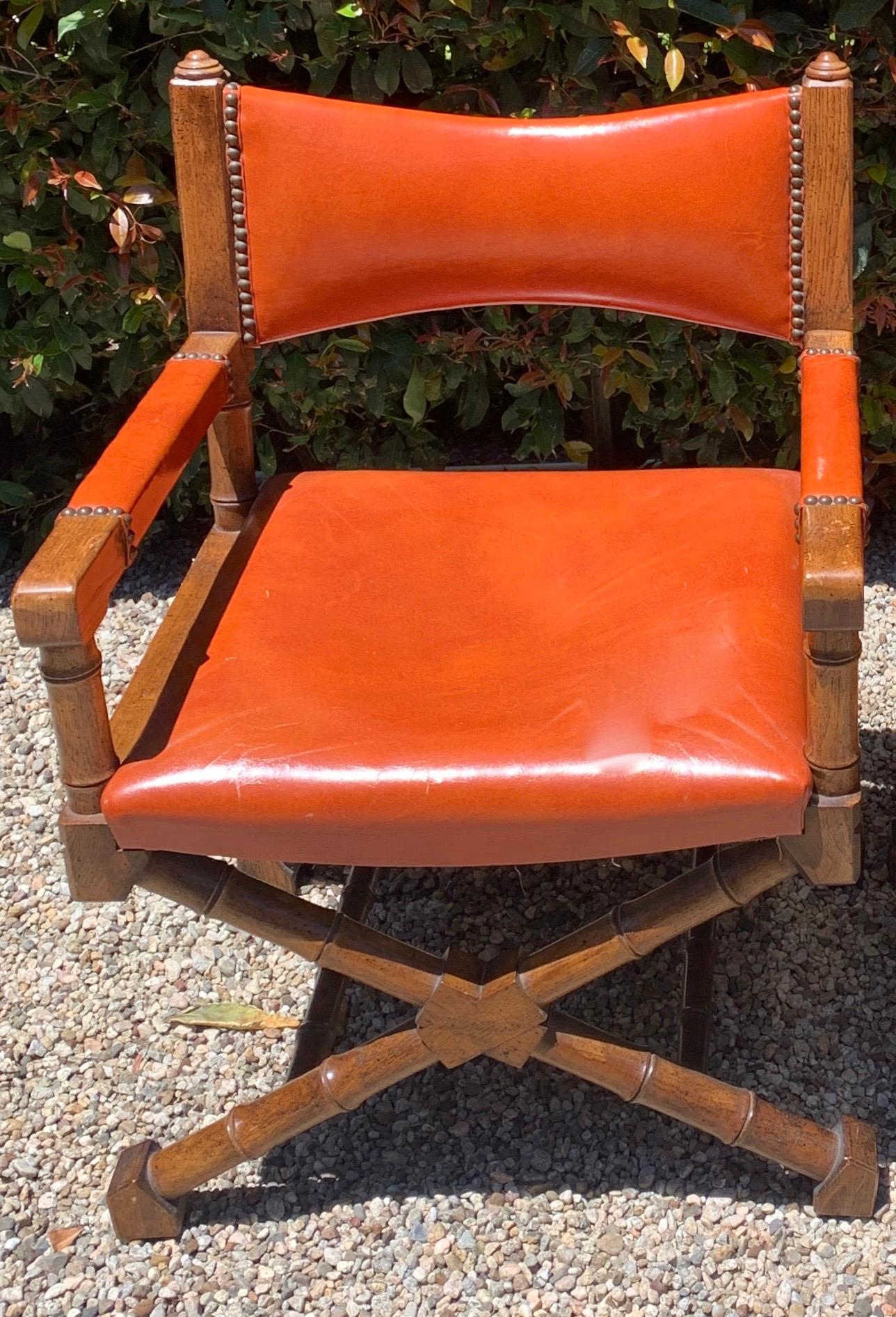 Mid-Century Modern Wood Frame Campaign Chair with Orange Leather Upholstery