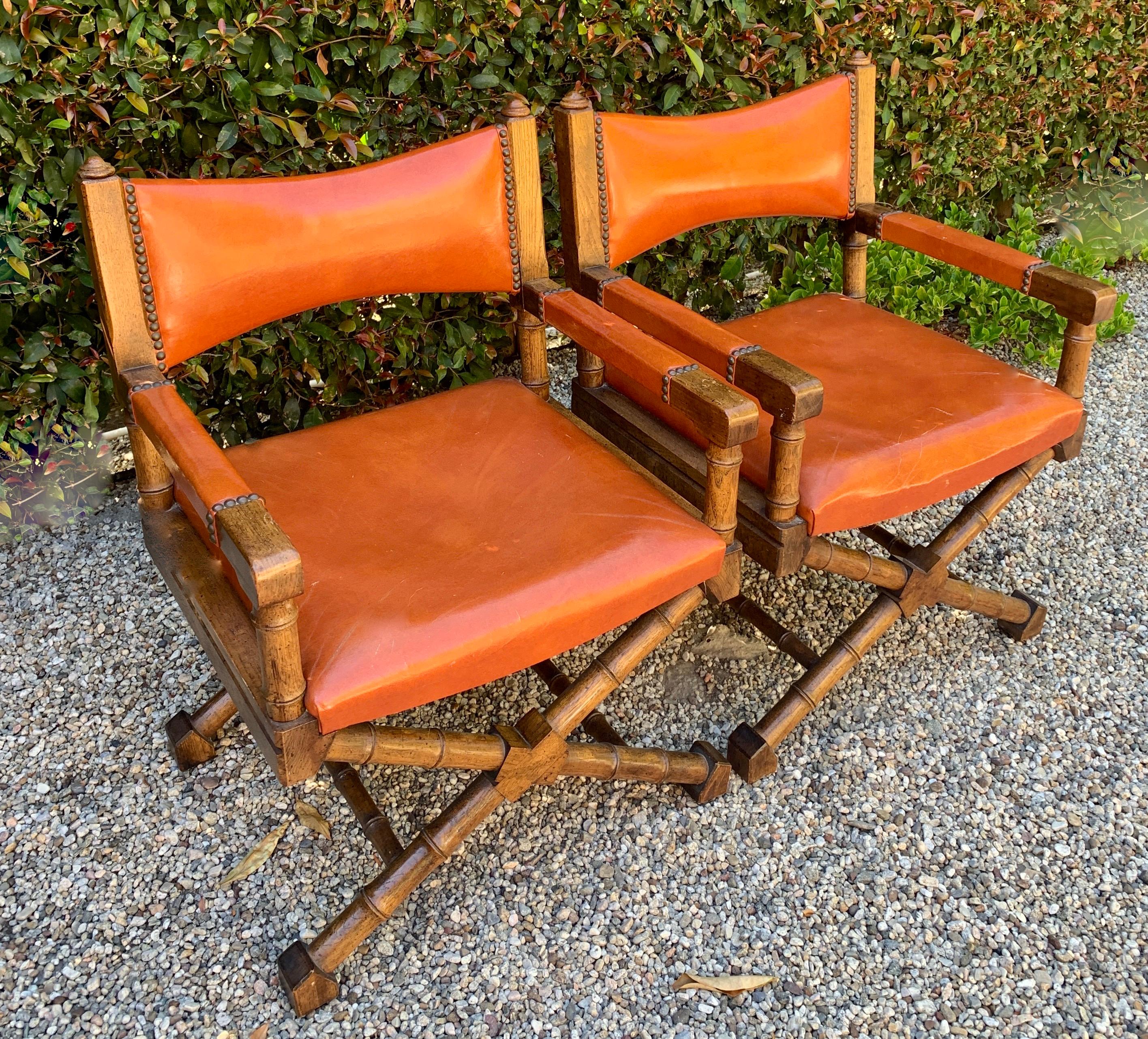 20th Century Wood Frame Campaign Chair with Orange Leather Upholstery