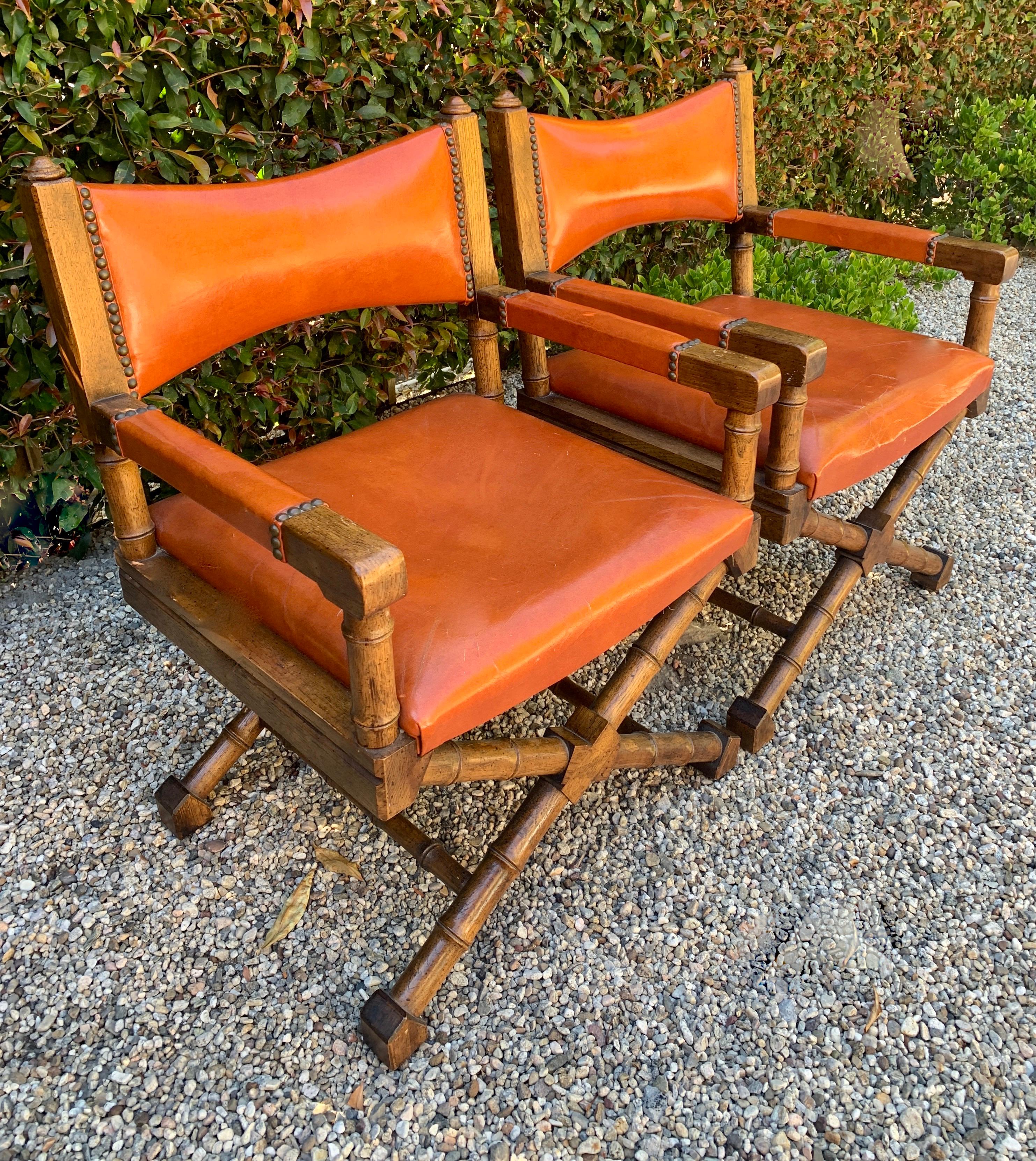 Wood Frame Campaign Chair with Orange Leather Upholstery 1