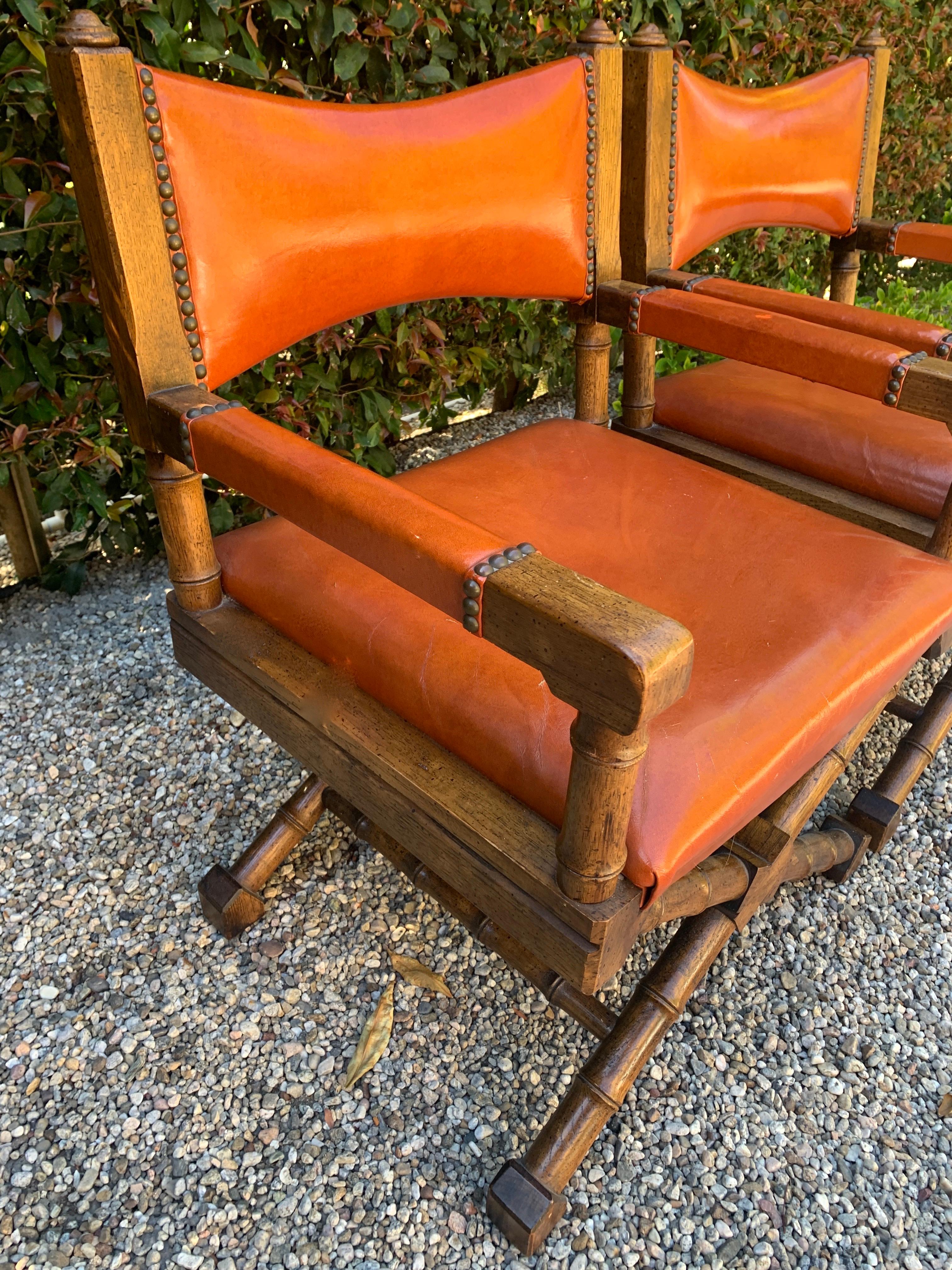 Wood Frame Campaign Chair with Orange Leather Upholstery 2