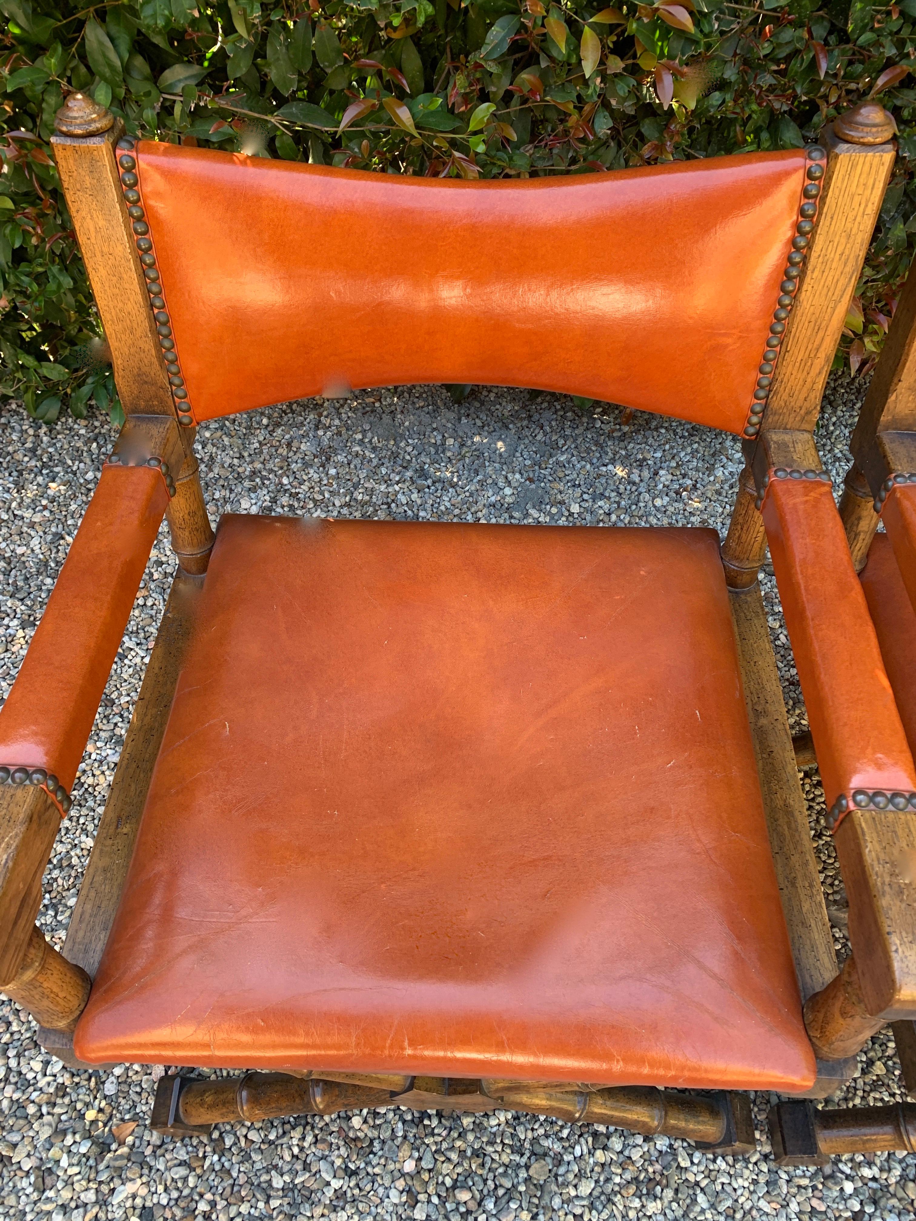 Wood Frame Campaign Chair with Orange Leather Upholstery 3