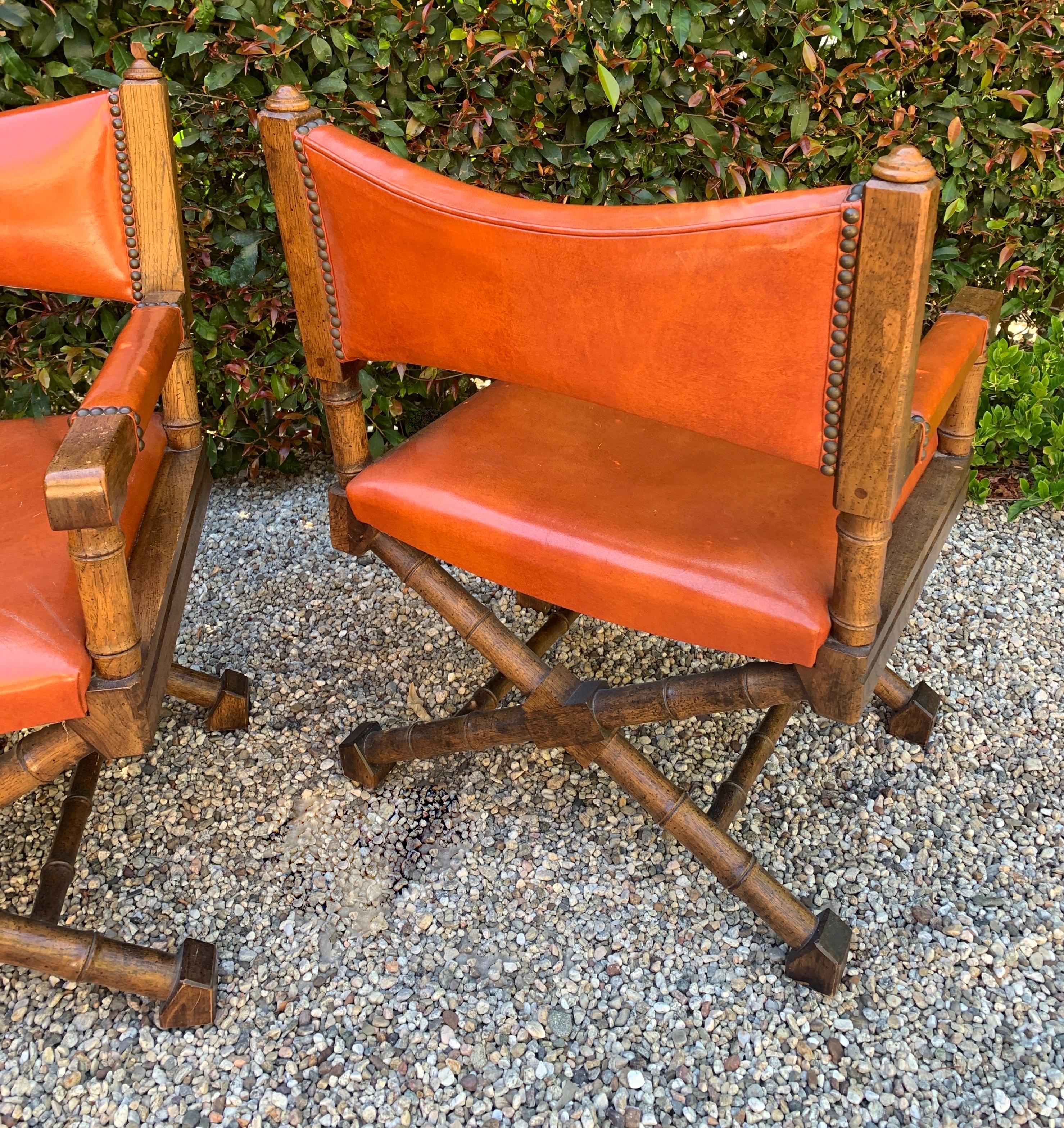 Wood Frame Campaign Chair with Orange Leather Upholstery 4