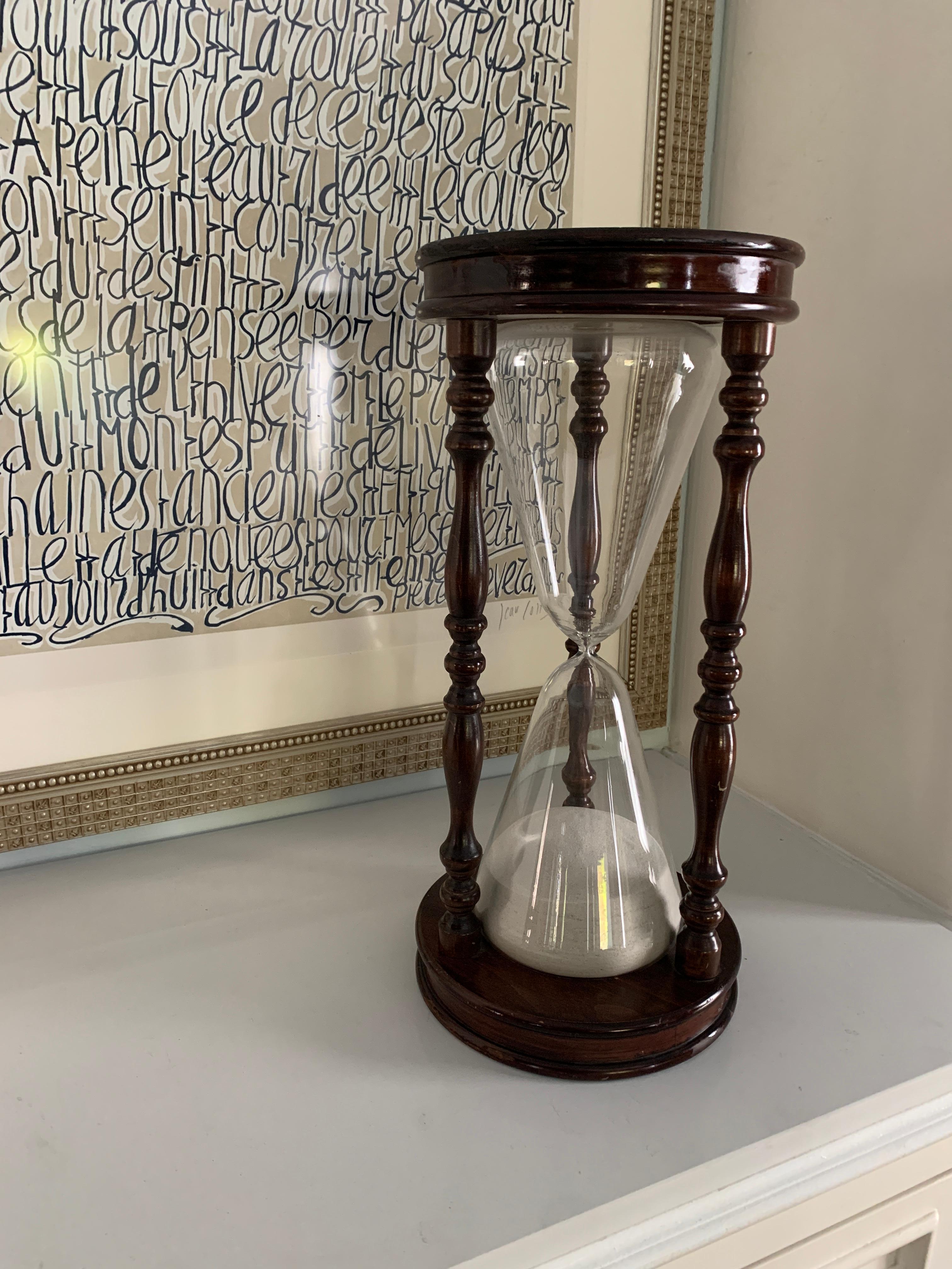 Turned Wood Frame Hour Glass or Sand Timer For Sale